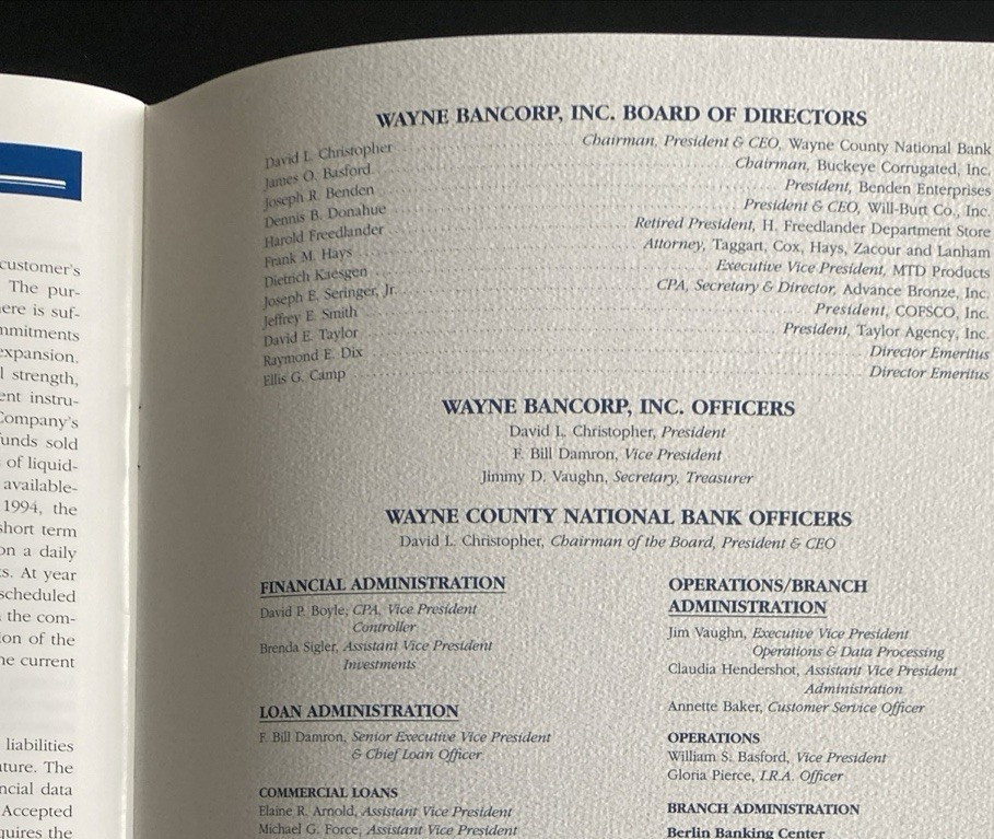 Vtg 1994 Annual Report & Proxy Wayne Bancorp, Inc. Wooster, OH Wayne County Natl