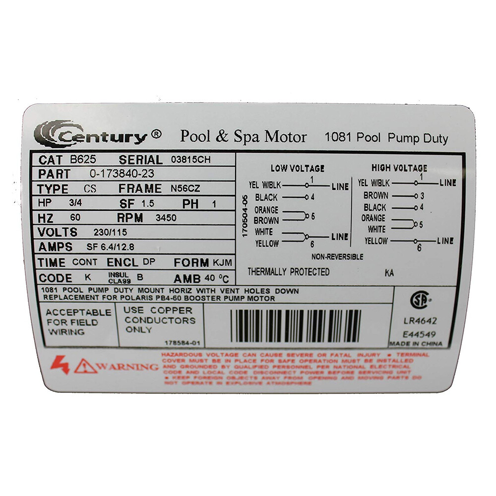 AO Smith B625 3/4 .75 HP Pool Booster Pump Replacement Motor for Polaris PB4-60
