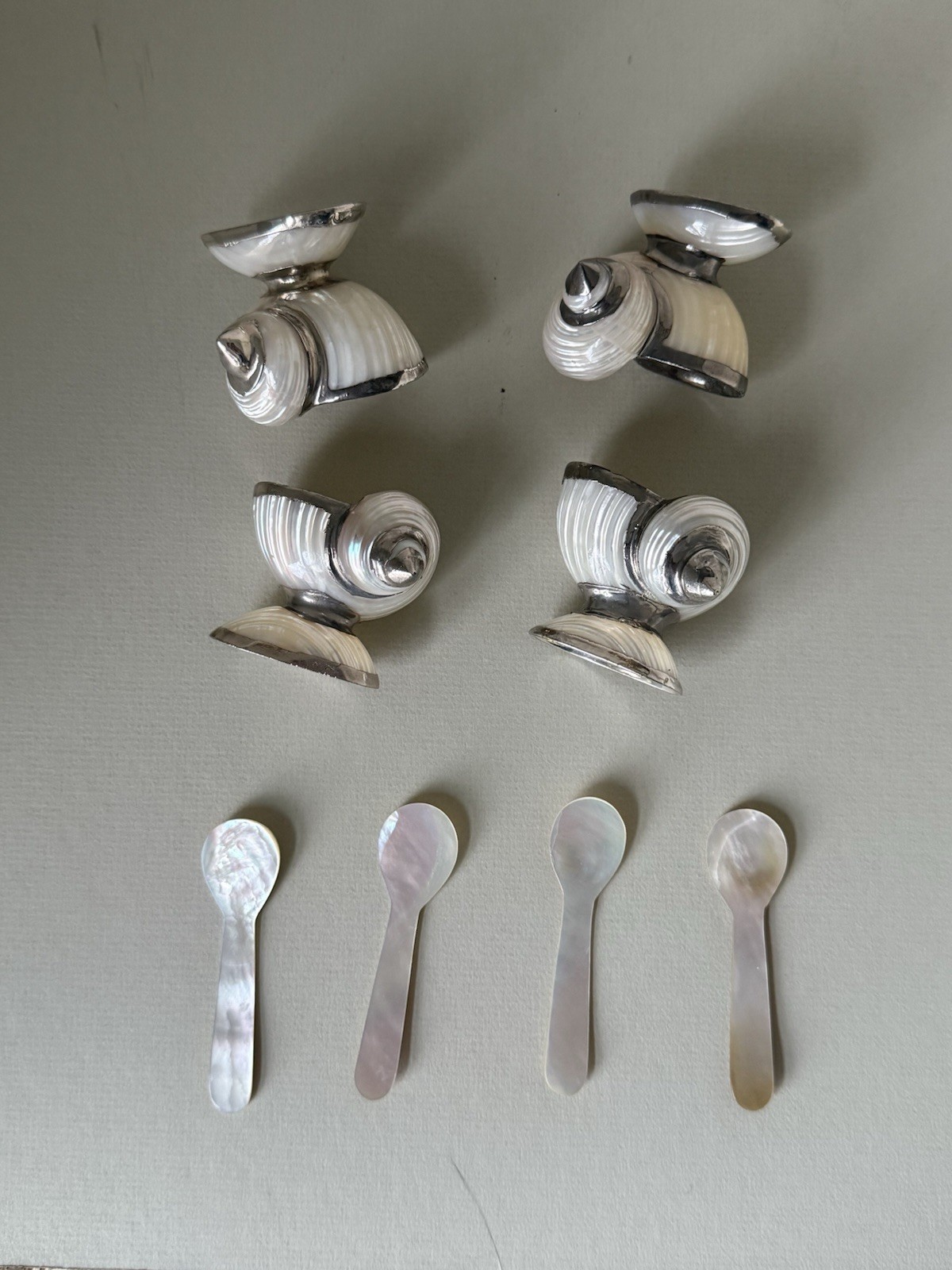 Set of 4 Antique Shell Open Salts with Mother of Pearl Spoons, Sterling Silver