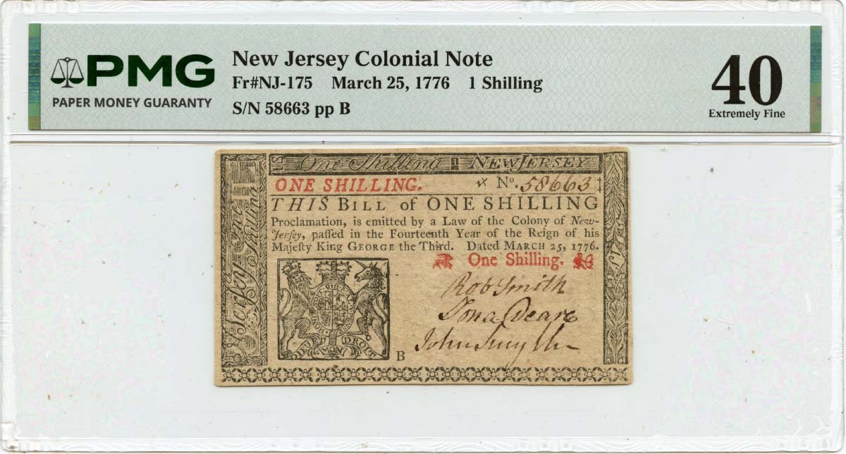 1776 March 25, 1s New Jersey Colonial Note FR#NJ-175 PMG XF40