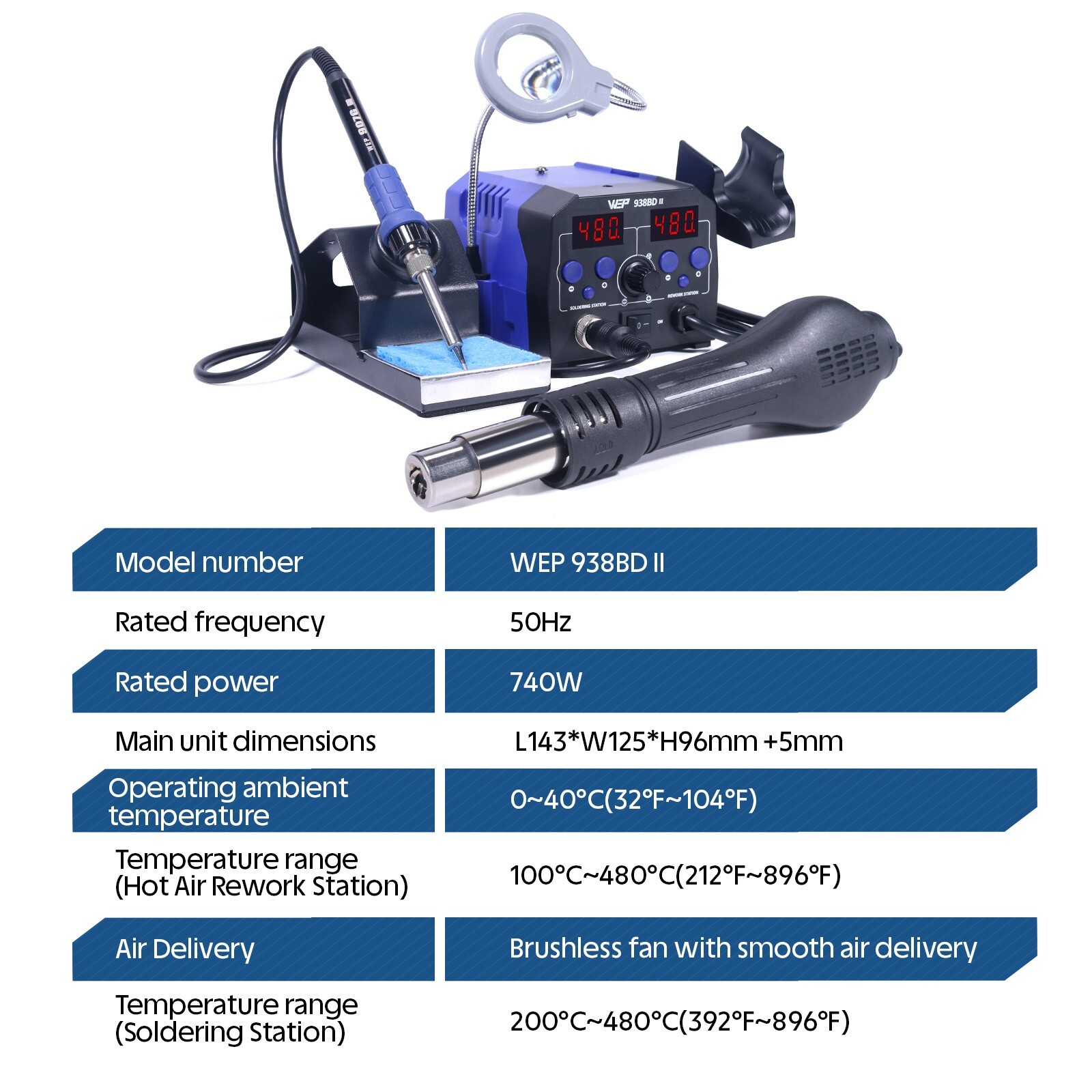 WEP 938BD-II Soldering Iron Station Hot Air Gun Desolder Station with LED Lamp