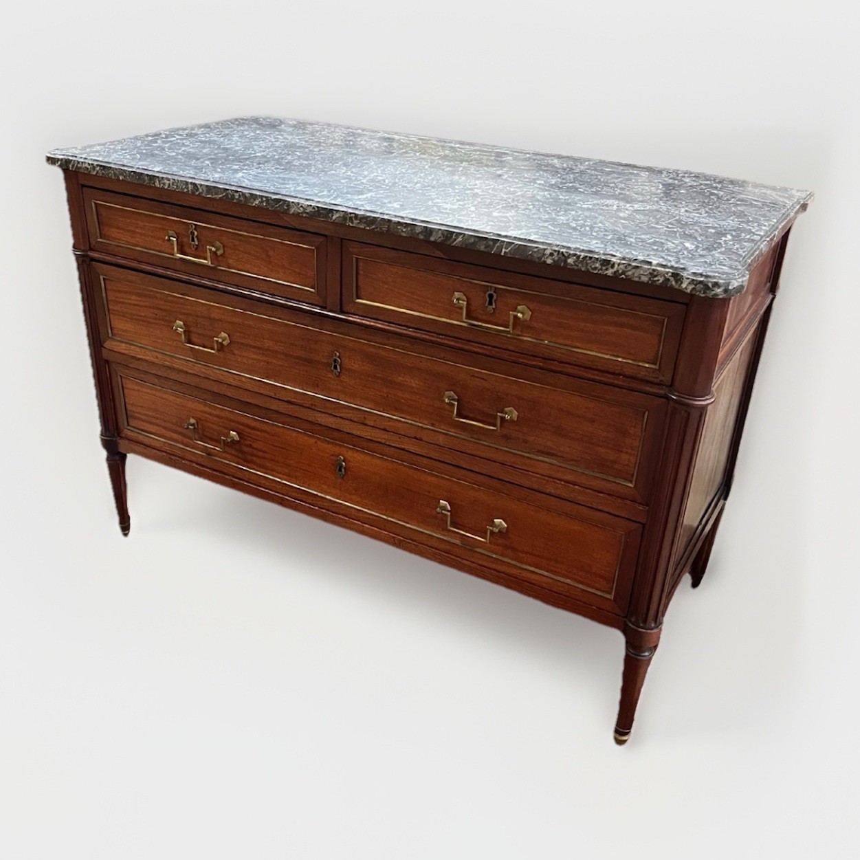 Antique French Mahogany Louis XVI Grey Marble Top Chest of Drawers 34"H x 50"L