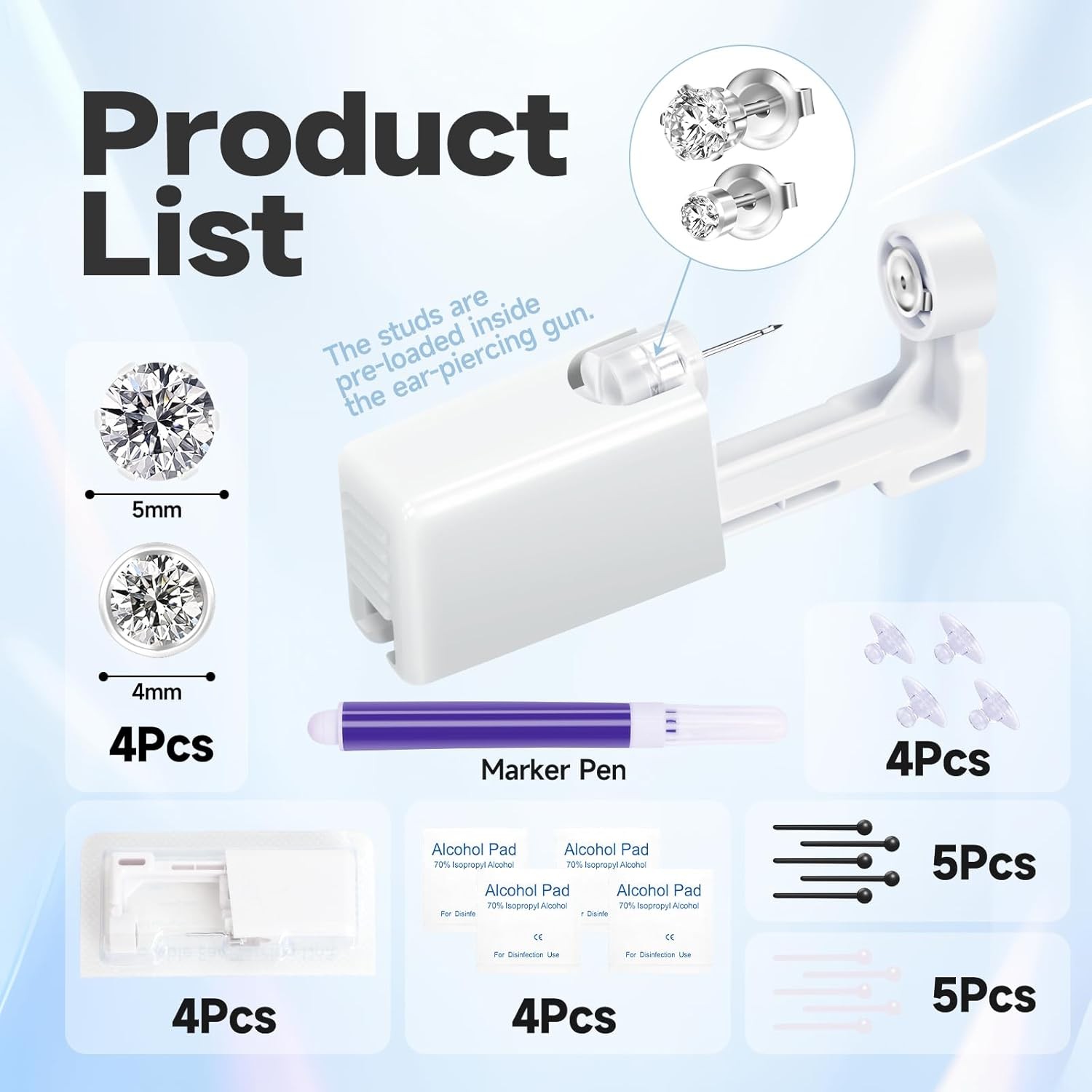 4pcs Ear Piercing Kit, Self Ear Piercing Gun, Easy And Safe Ear Piercing Gun Kit