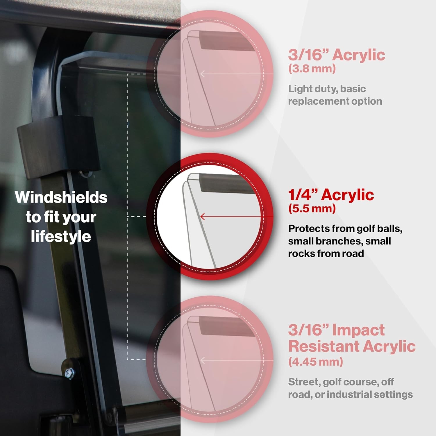 RedDot 1/4" Folding Golf Cart Windshield for Evolution Classic & Forester - Clea