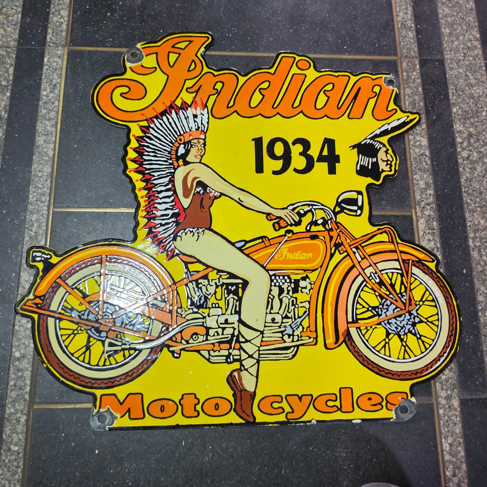 INDIAN MOTOCYCLES PORCELAIN ENAMEL SIGN 27 X 28 INCHES