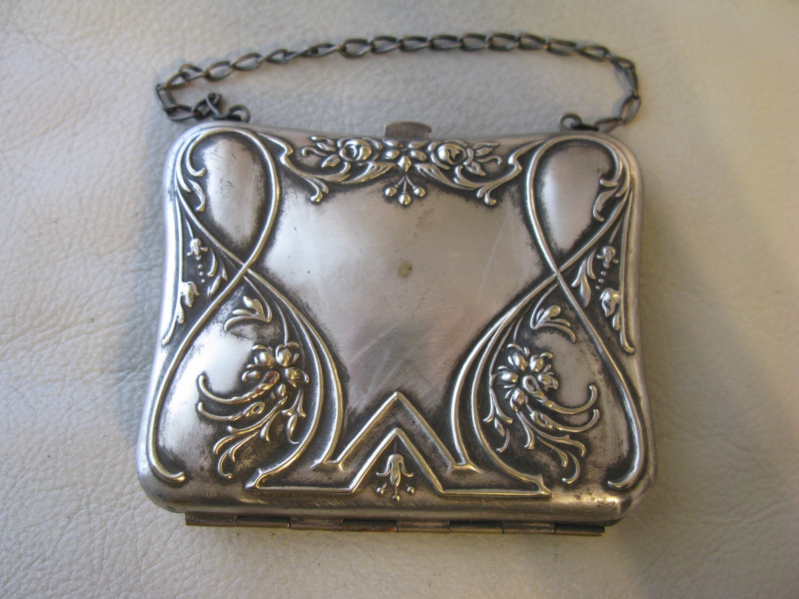 Antique Art Nouveau Silver Floral Card Case Mirror Lipstick Holder Purse Wallet