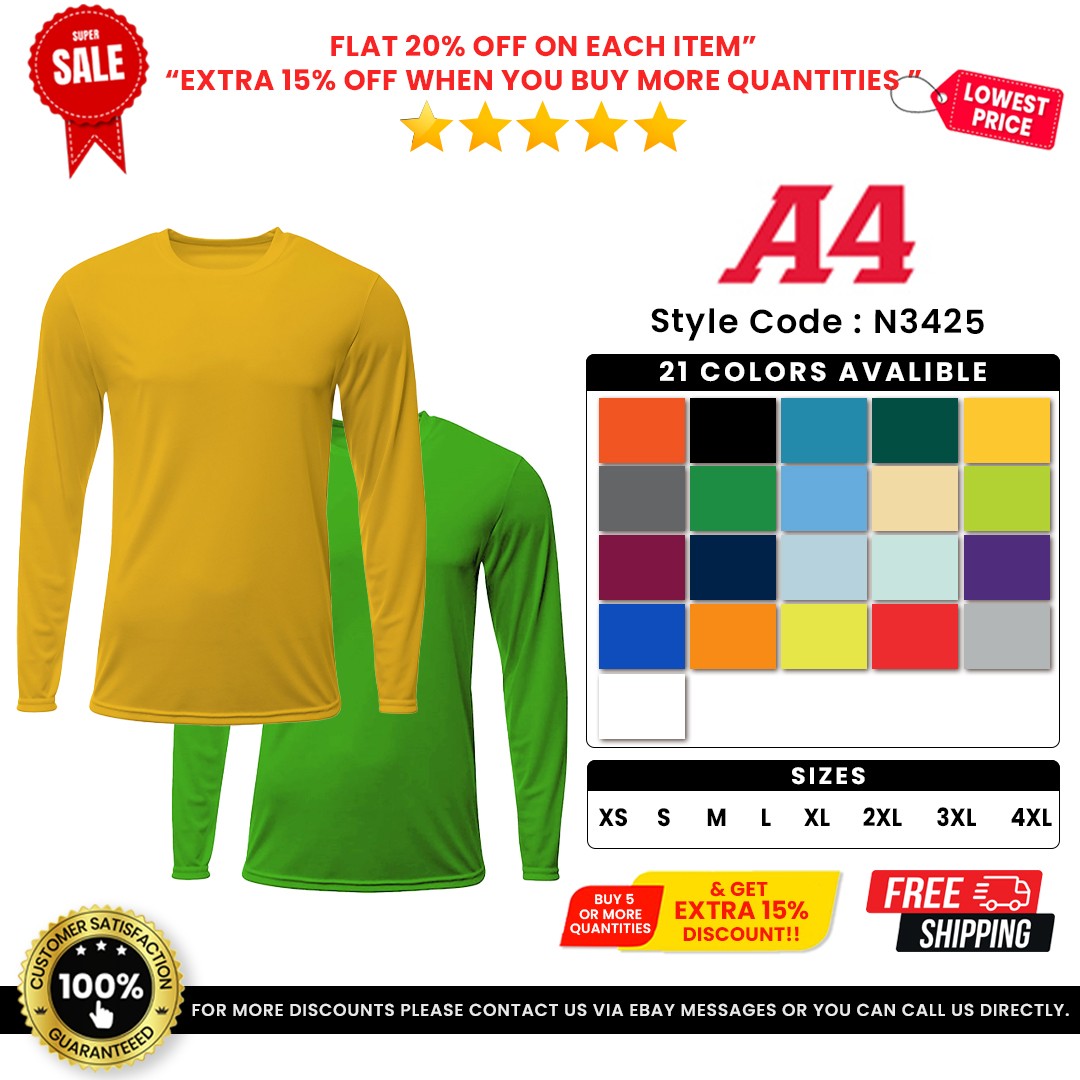 A4 N3425 Mens Polyester Long Sleeve Moisture Wicking Tee Dri-Fit Sprint T-Shirt