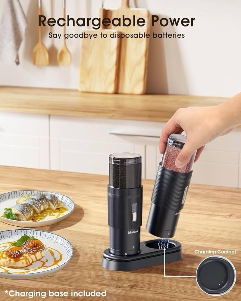2PCS Electric Salt and Pepper Grinder Set Automatic Grinder w/ Rechargeable Base