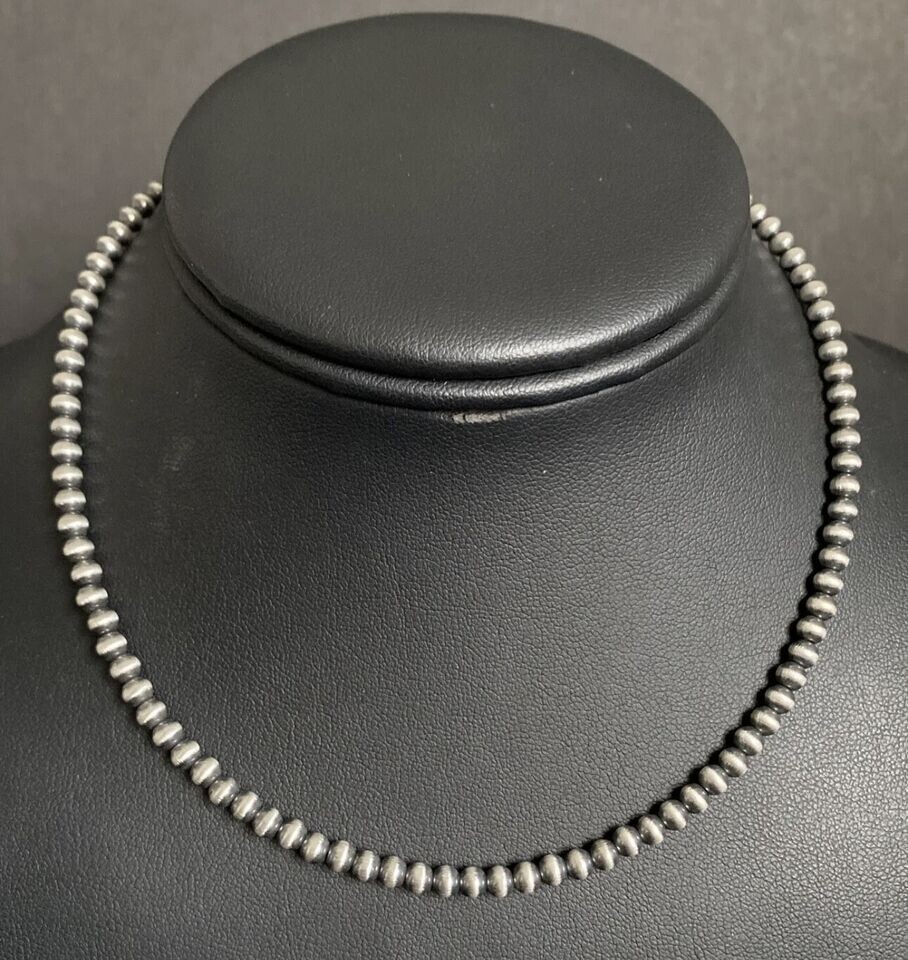4mm 16 Inch 925 Sterling Silver Oxidized Pearls Bead Necklace Southwestern
