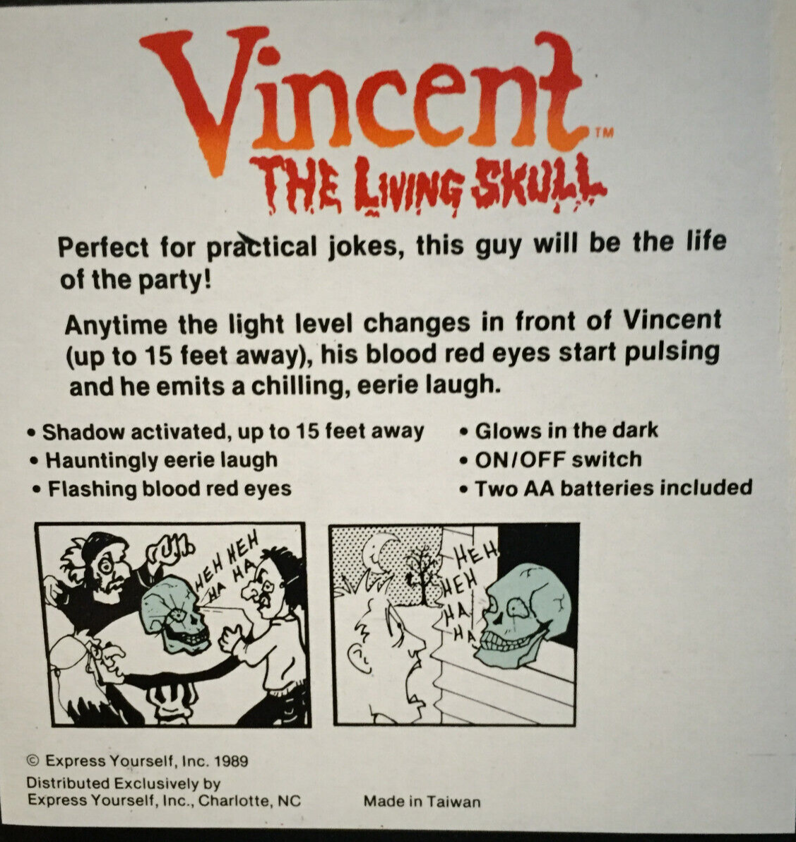 VINTAGE HALLOWEEN VINCENT THE LIVING SKULL 1989 NOS NIB 5" X 4"