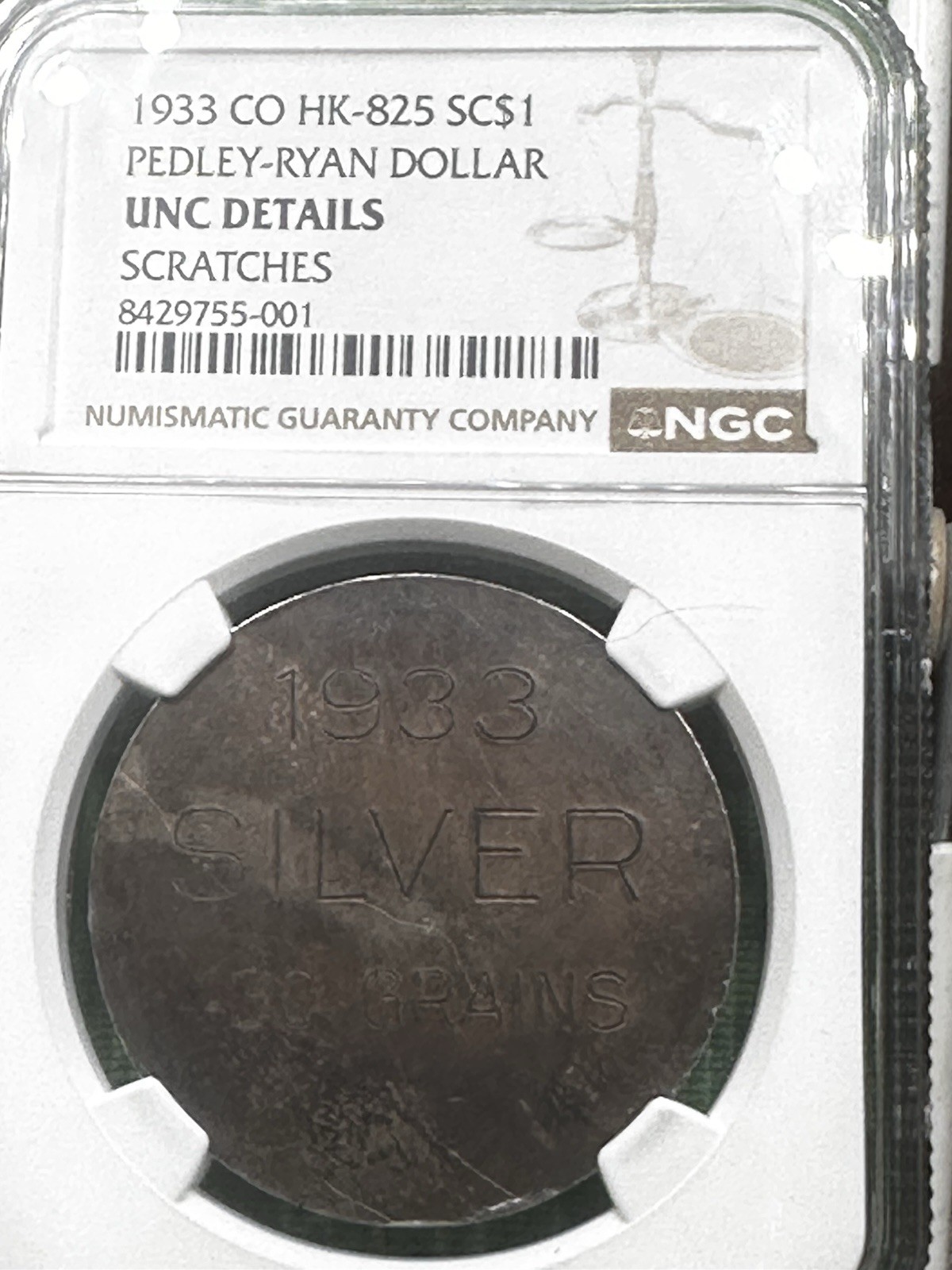 1933 NGC Unc Detail So Called Dollar__Pedley-Ryan__HK-825 NGC, Silver 430 grains