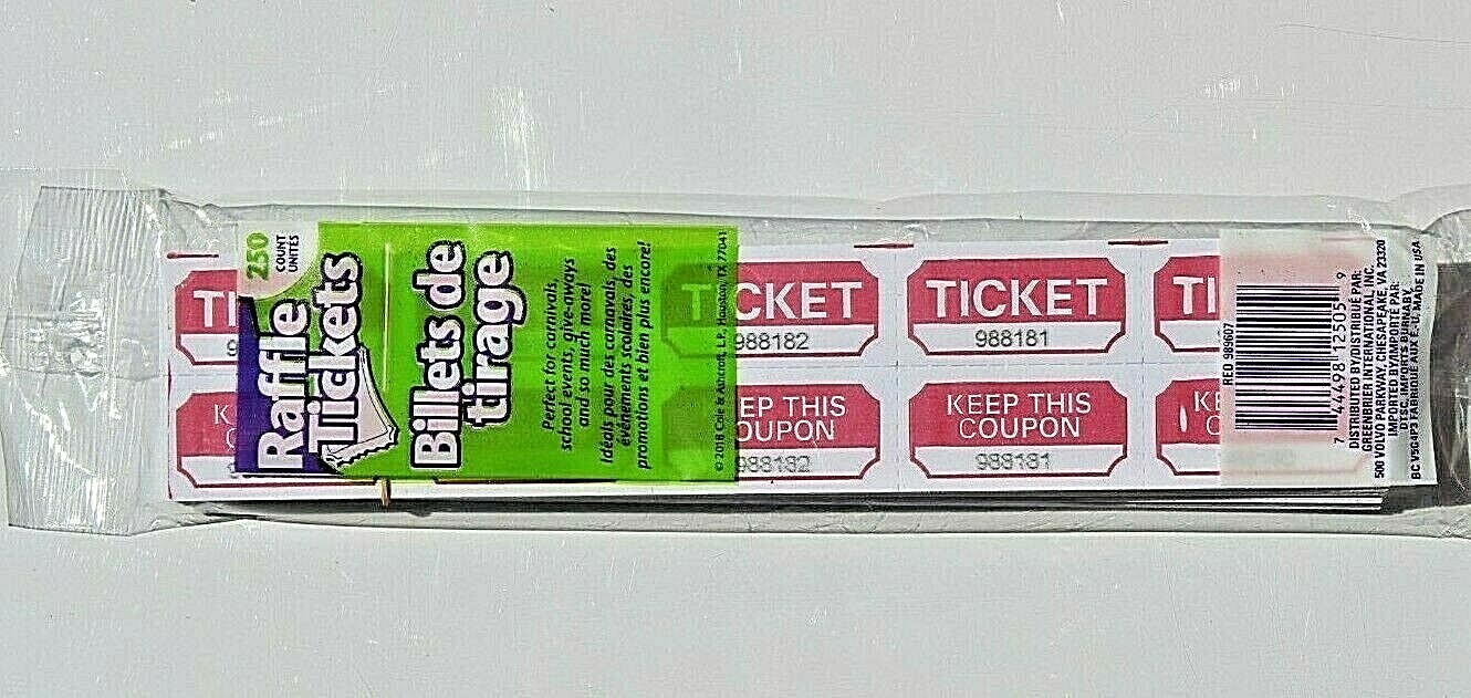 250 Count - 50/50 Red RAFFLE TICKETS DOUBLE STUB Events School Drawings Contest