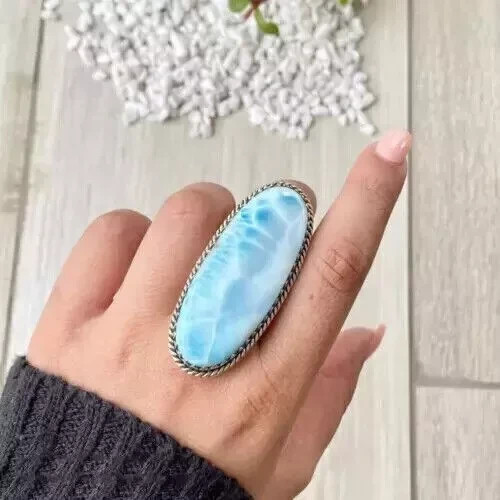 Larimar Gemstone Ring 925 Sterling Silver Statement Handmade Ring All Size C562