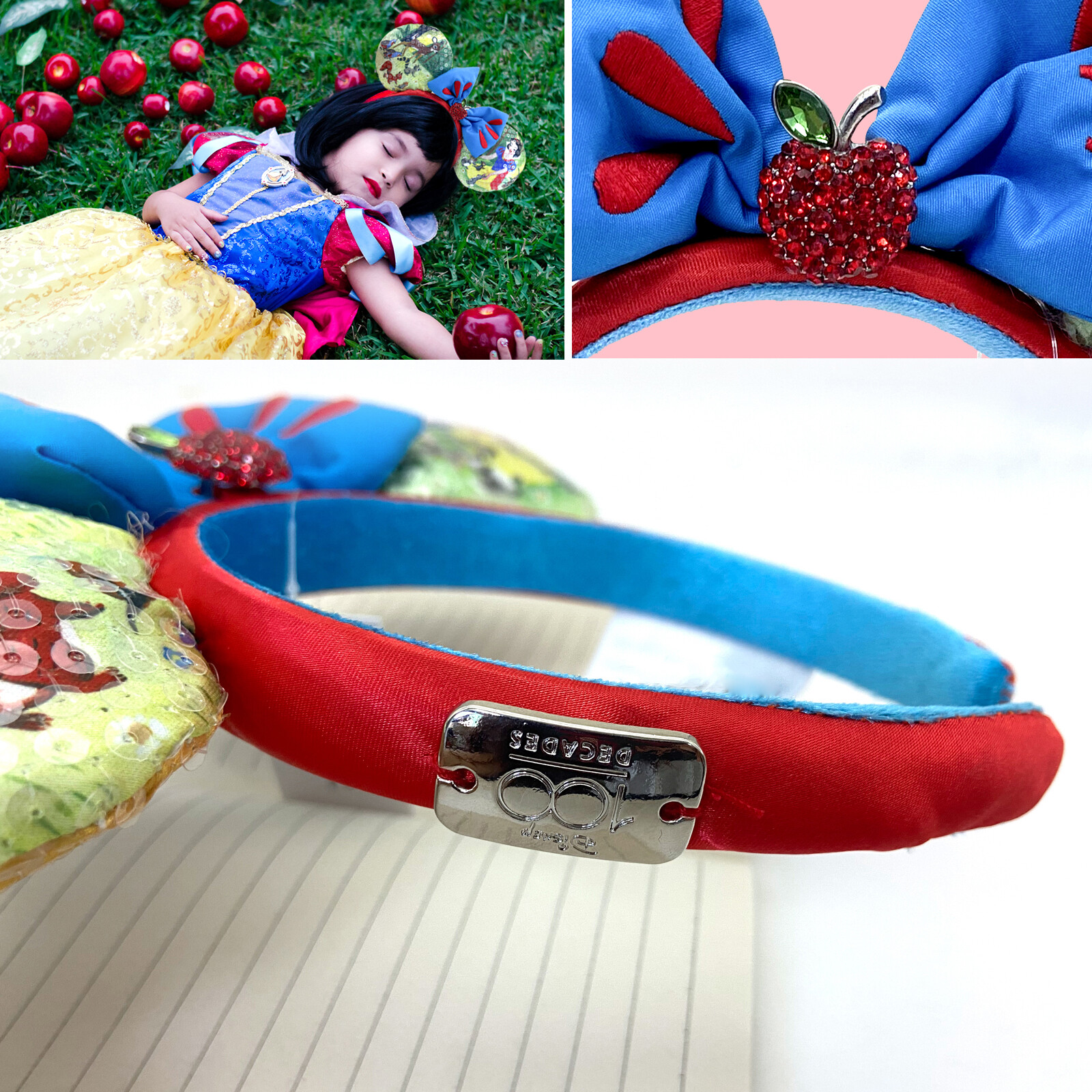 Disney~Parks 100 Decades Snow White Minnie Mouse Ears Blue Bow Apple Headband