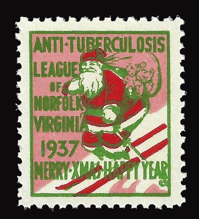 1937 Santa on Ski's Christmas Poster Stamp - New Year Greeting - Norfolk Virgina