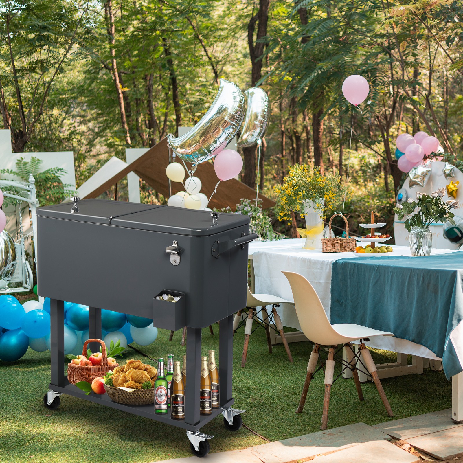 Ice Bee 80QT Rolling Cooler Cart with Wheels and Shelf, New