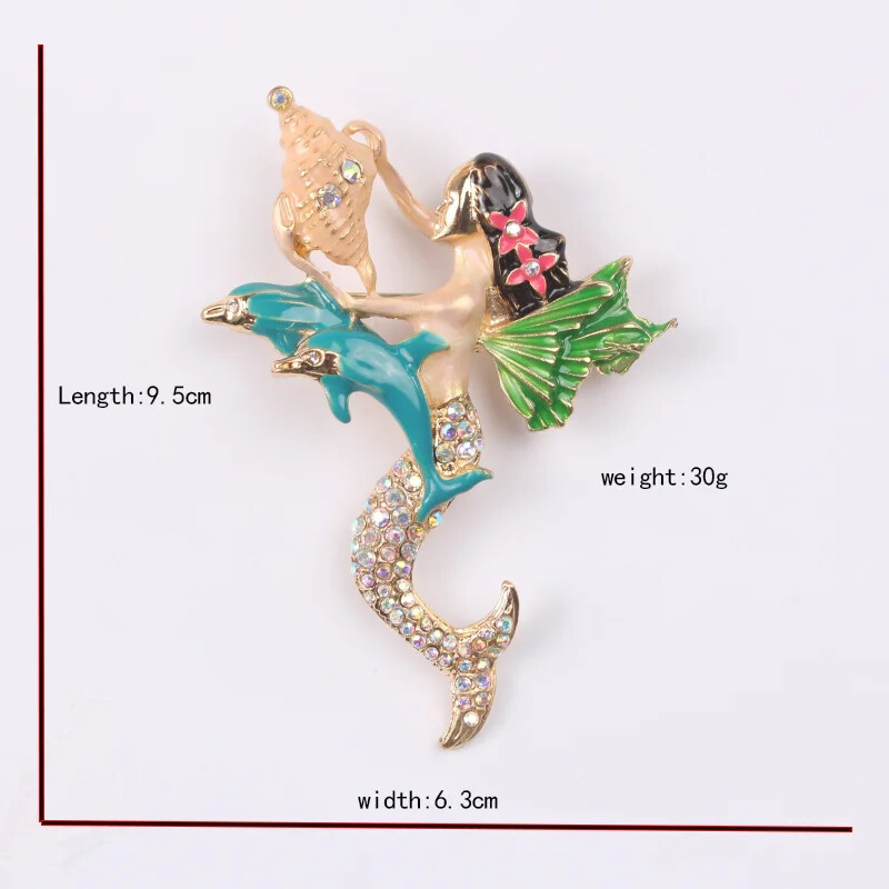 High-End Mermaid Colorful Rhinestone Conch Fairy Brooch