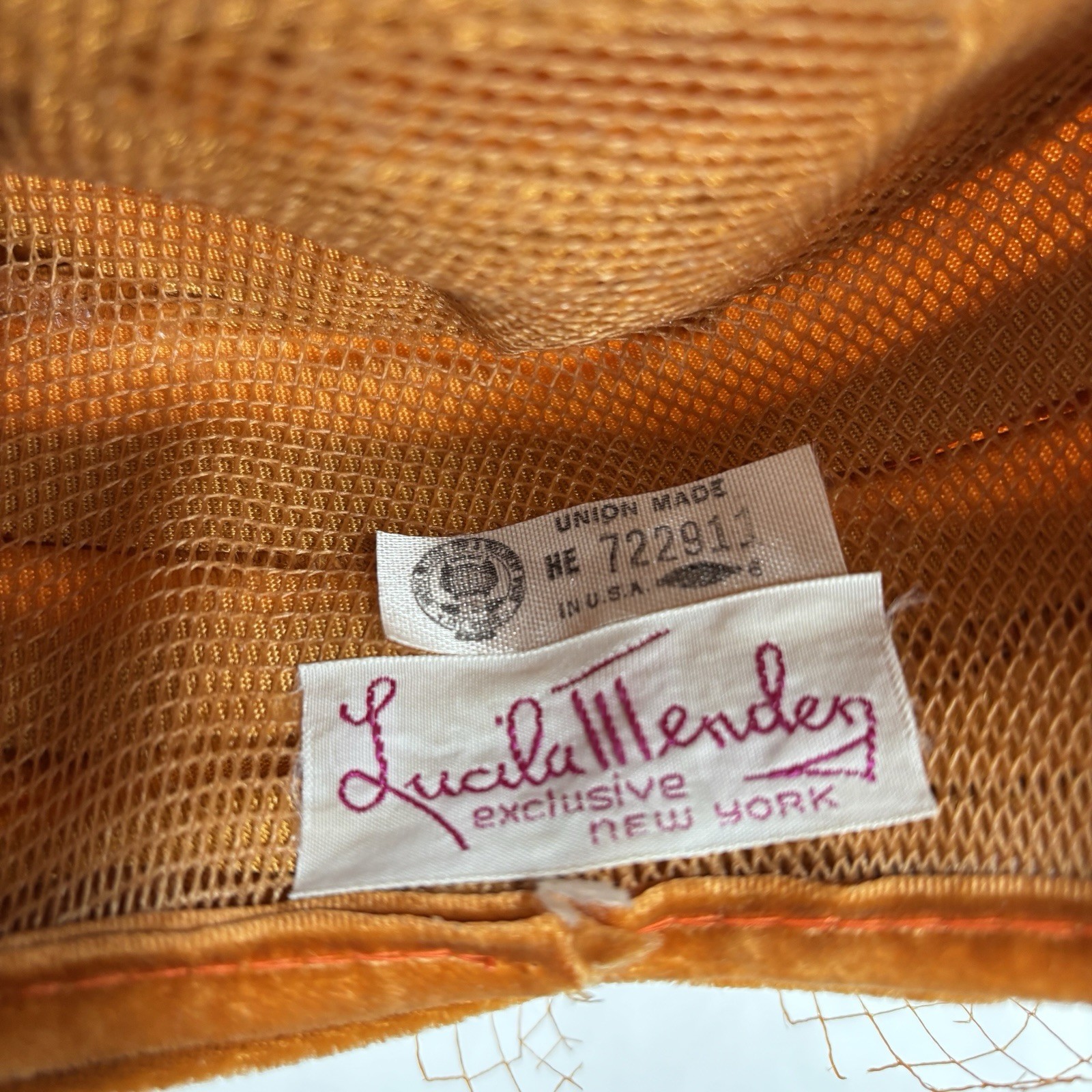 Vtg 60s Lucile Mendez Orange Velvet Hat Veil Pillbox Cocktail Mod Turban