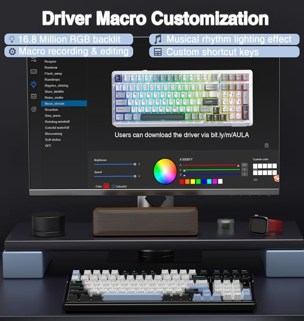 AULA F99 Wireless Mechanical Keyboard,Tri-Mode BT5.0/2.4GHz/USB-C Black&Blue&Whi