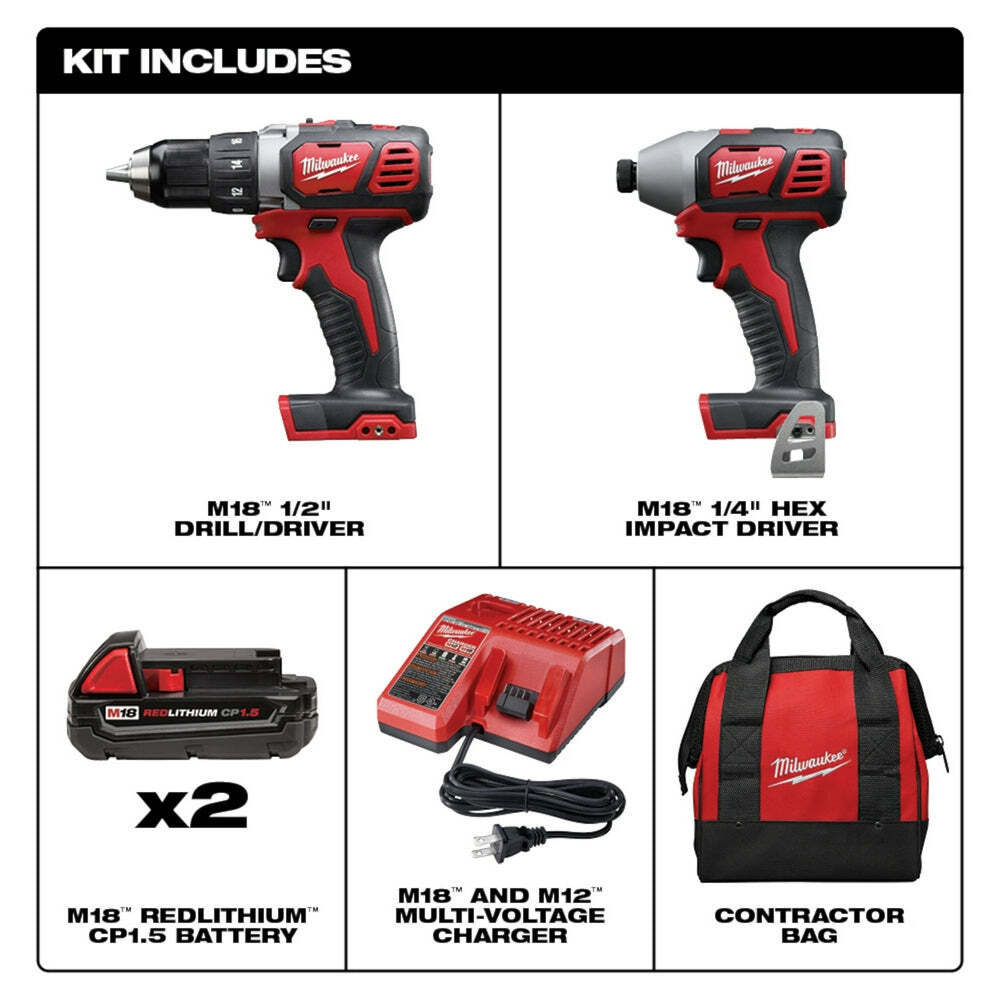 Milwaukee 2691-22 M18 18V Cordless Li-Ion Drill Driver / Impact Driver Combo Kit