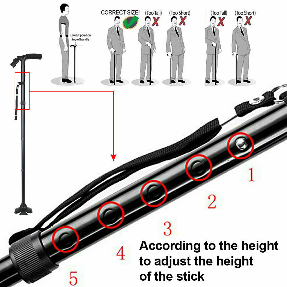 LED Folding Walking Cane for Seniors Men & Women w/ Non-Slip T Handle and Strap