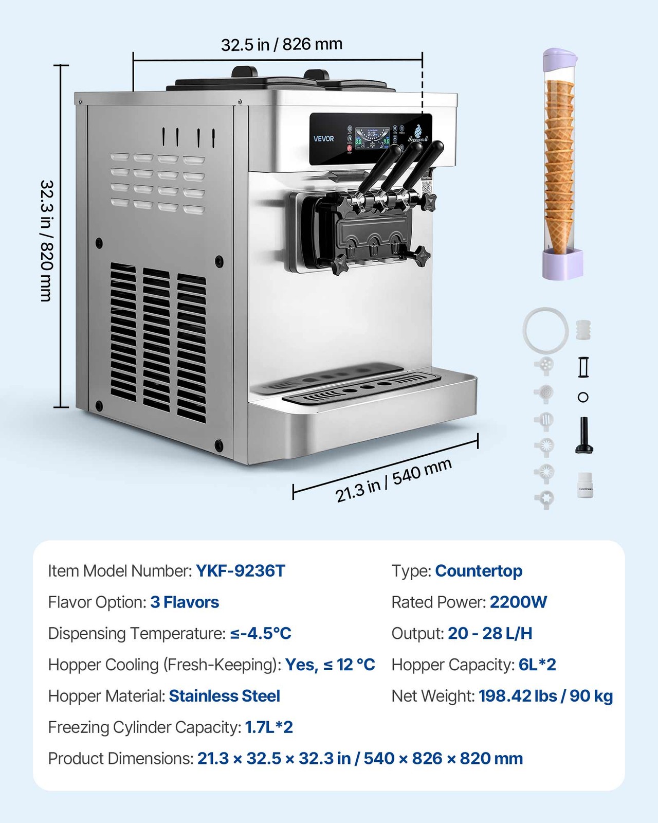 VEVOR Commercial Ice Cream Machine 2200W 3-Flavor Soft Serve Ice Cream Maker