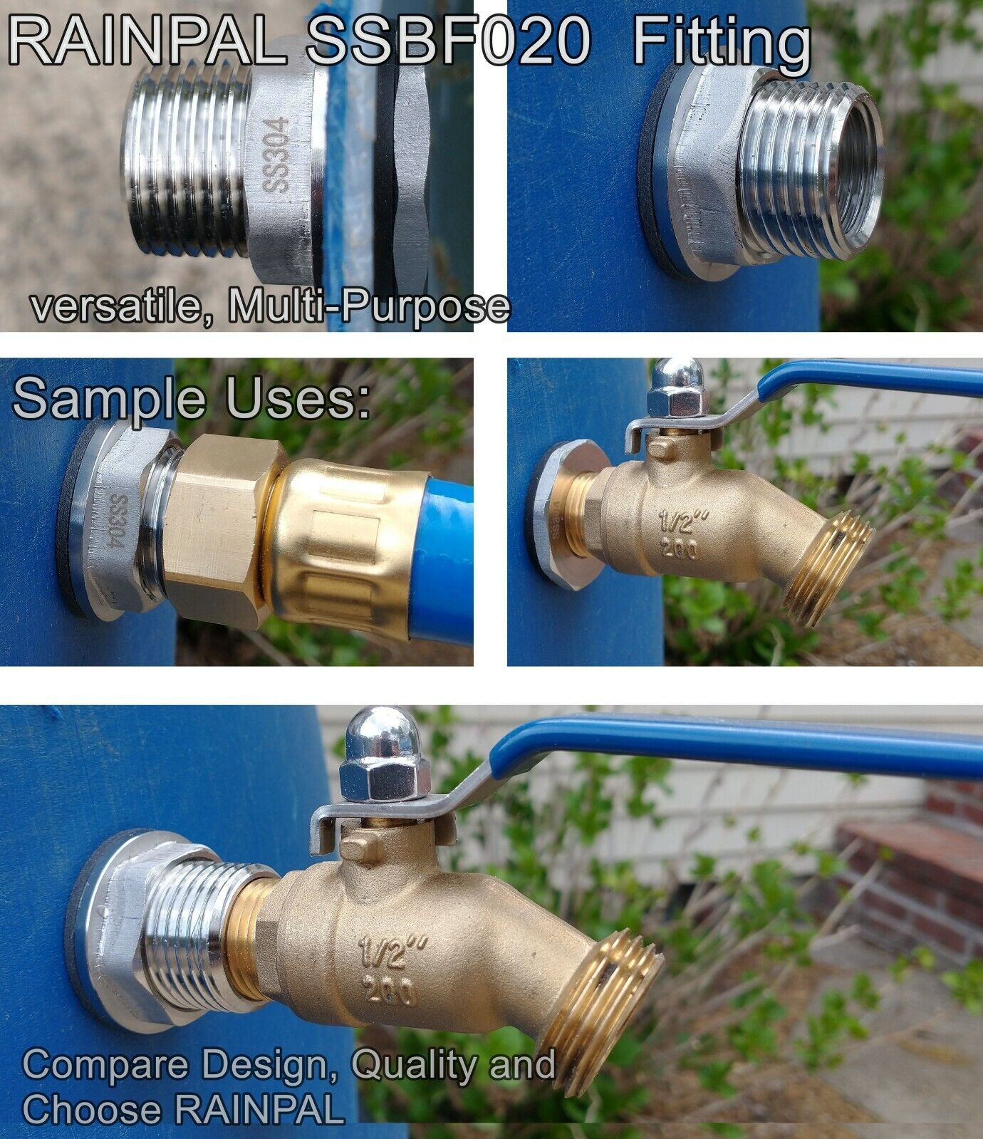 Stainless Steel Bulkhead Tank Fitting 3/4" GHT Male to 1/2" NPT Female Thread