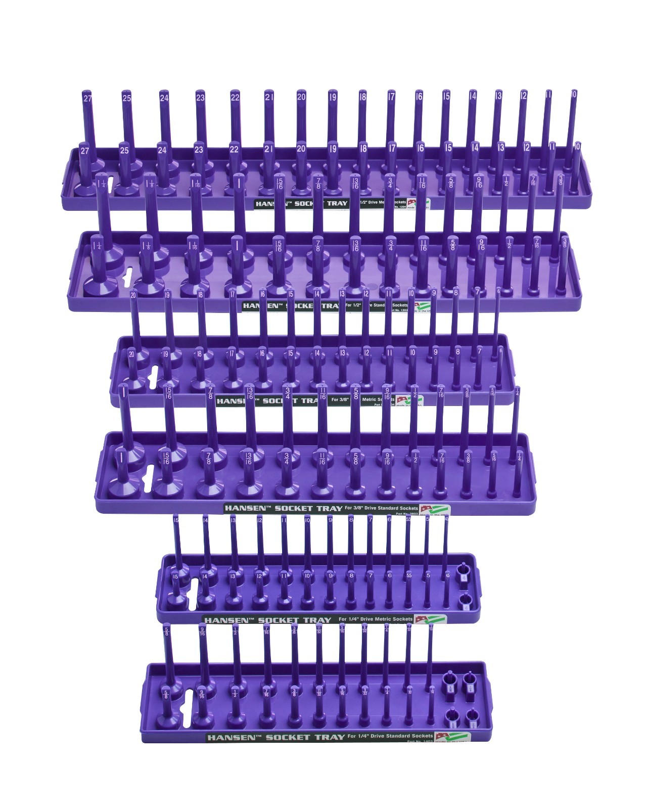 Hansen 6pc Socket Organizer Tray Rack Holder Metric SAE 1/4 3/8 1/2 in. Purple