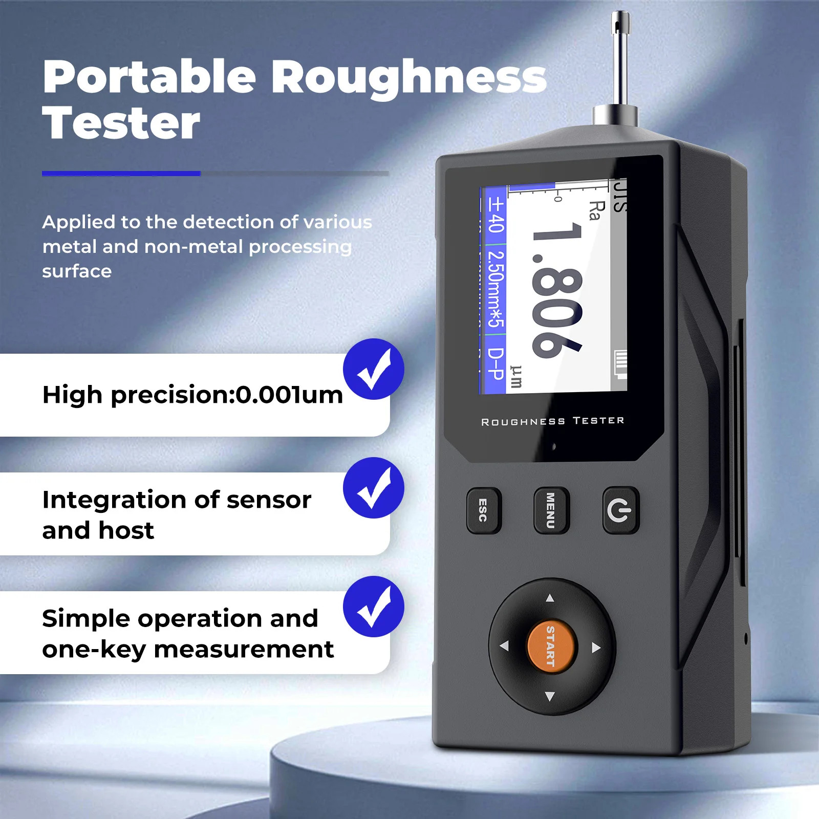 Surface Roughness Tester 0.001μm Ra Rz Rq & 12+ Parameters High Precision