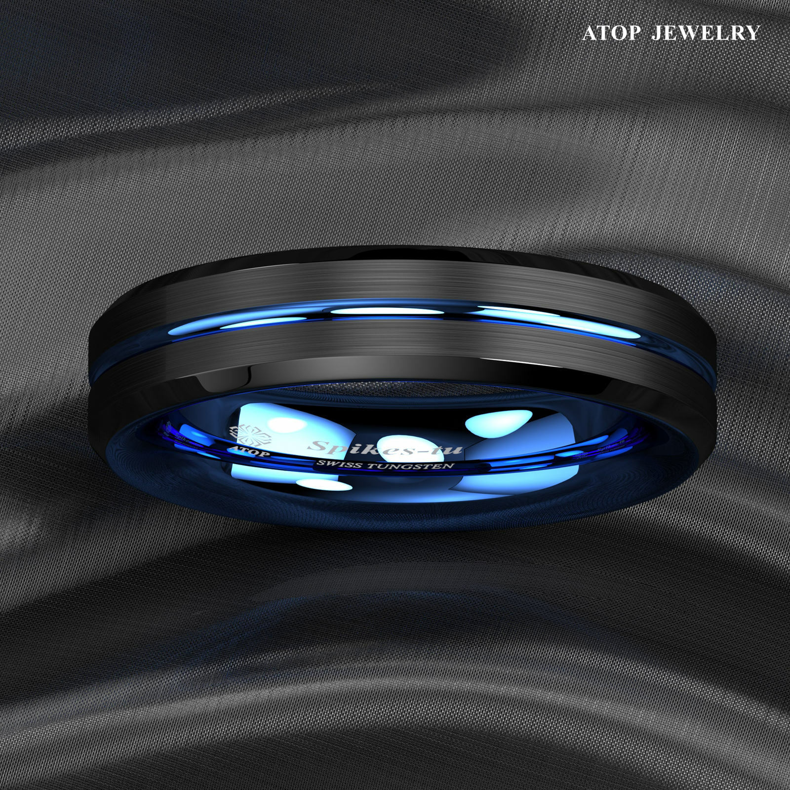 8/6mm Tungsten Men's Ring Thin Blue Line-Inside Black Brushed Band ATOP Jewelry
