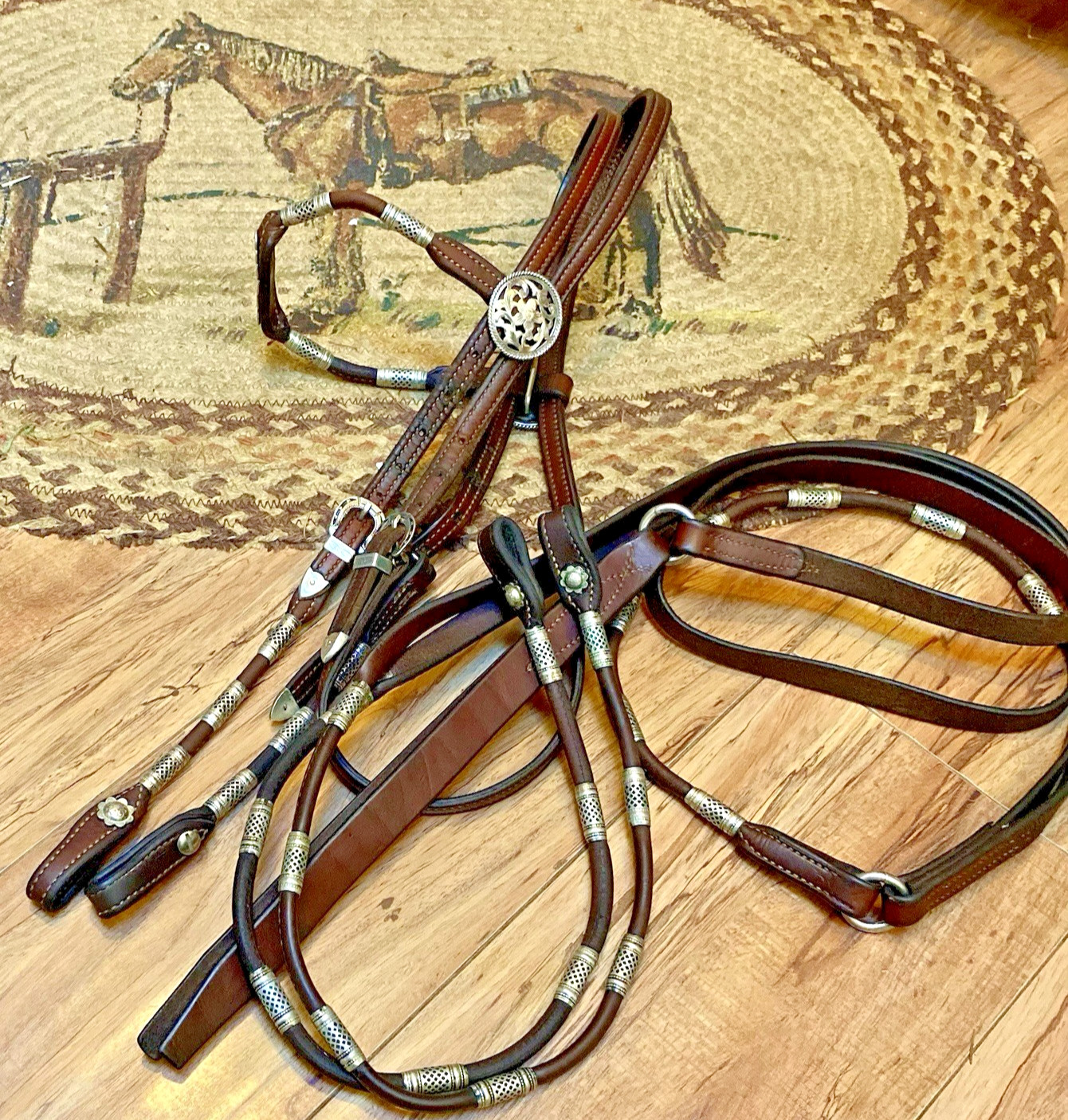 Vntg Poco Western Bridle & Romel Reins Silver Ferrule Fleming Filigree Sterling
