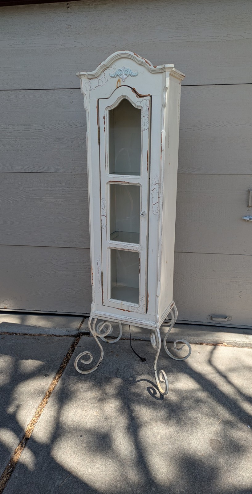 Vintage Shabby Chic French Country Cottage White Curio Display Cabinet Iron Legs