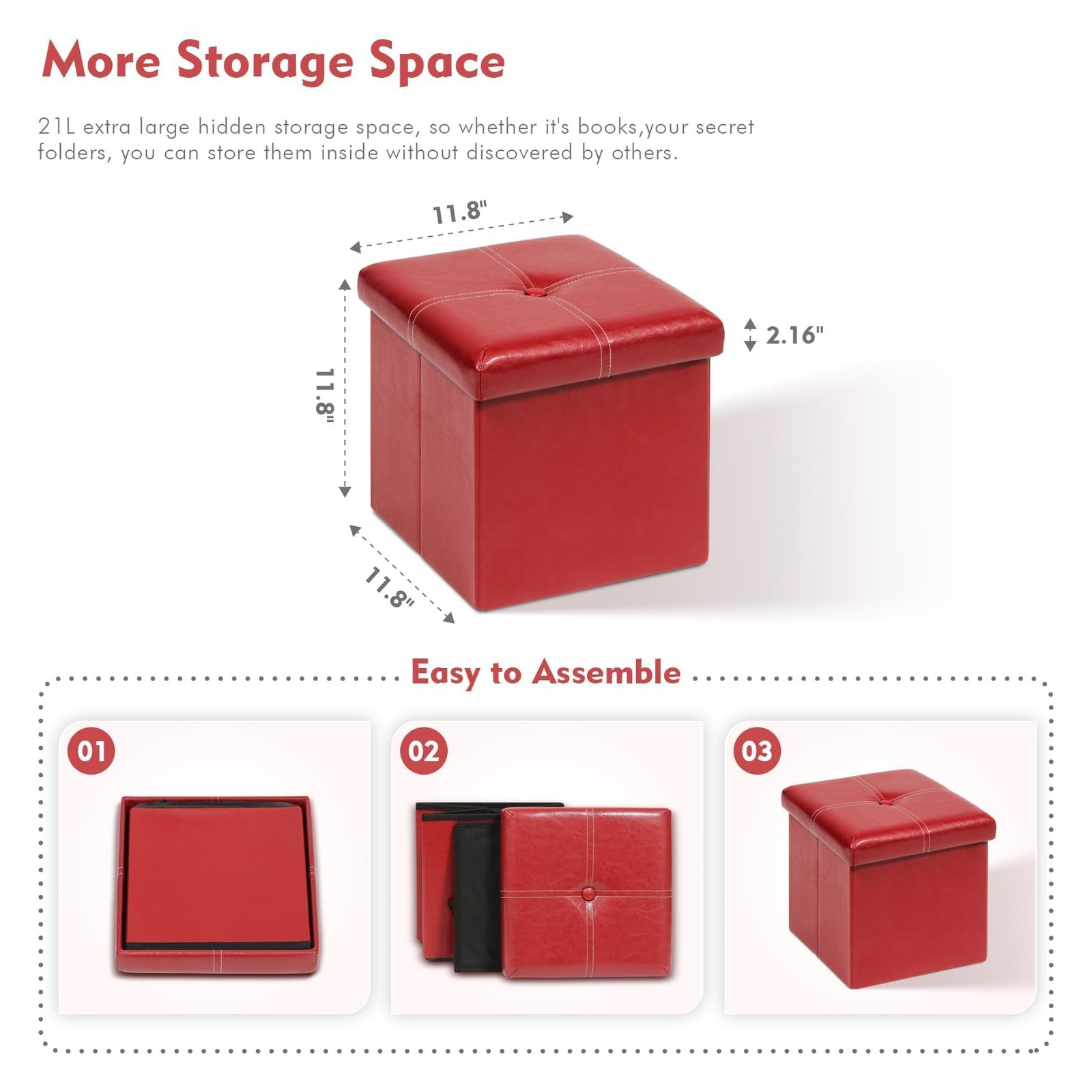 Folding Storage Ottoman Cube, Faux Leather Footrest Seat Coffee Table, Red 11...