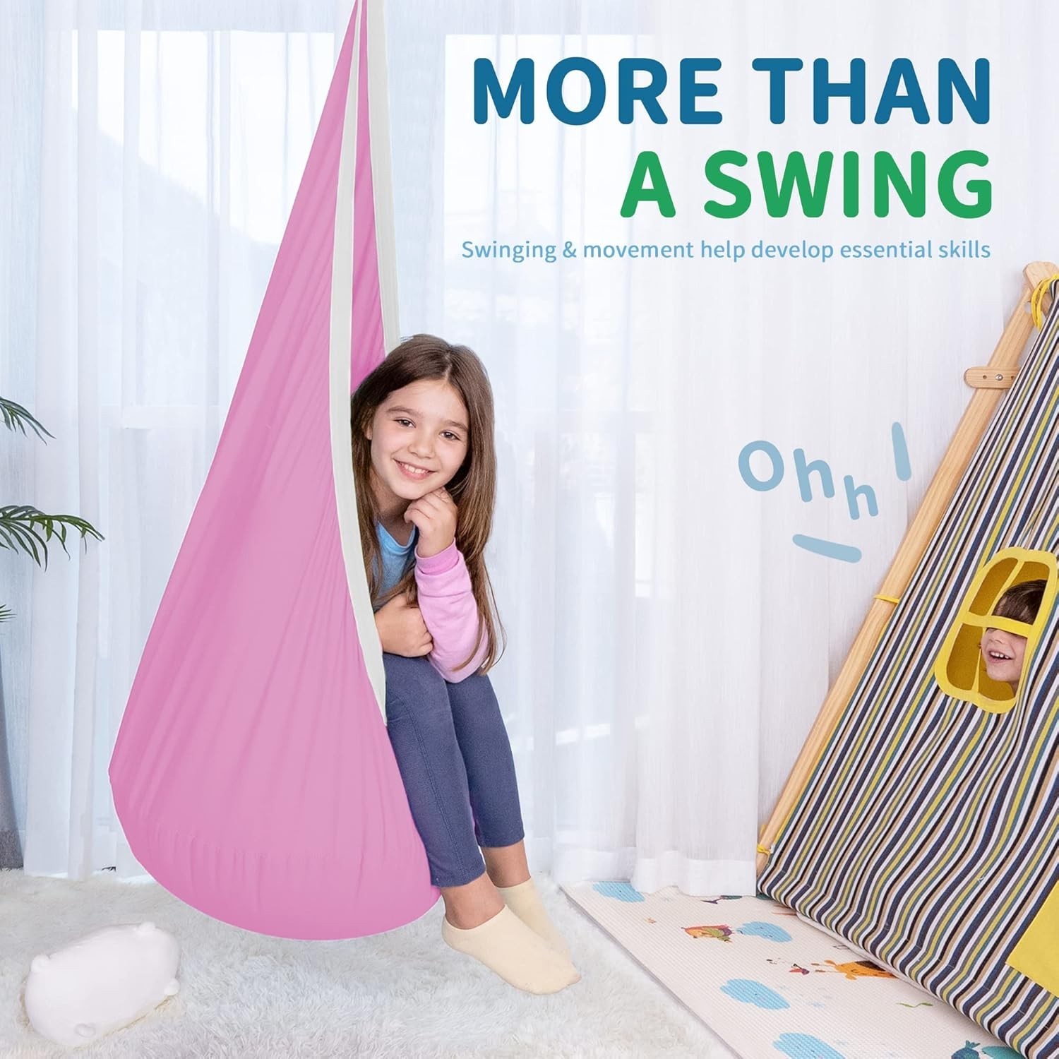 Kids Pod Swing Seat, Cotton Child Hammock Swing Chair,Sensory Swing Indoor Pink