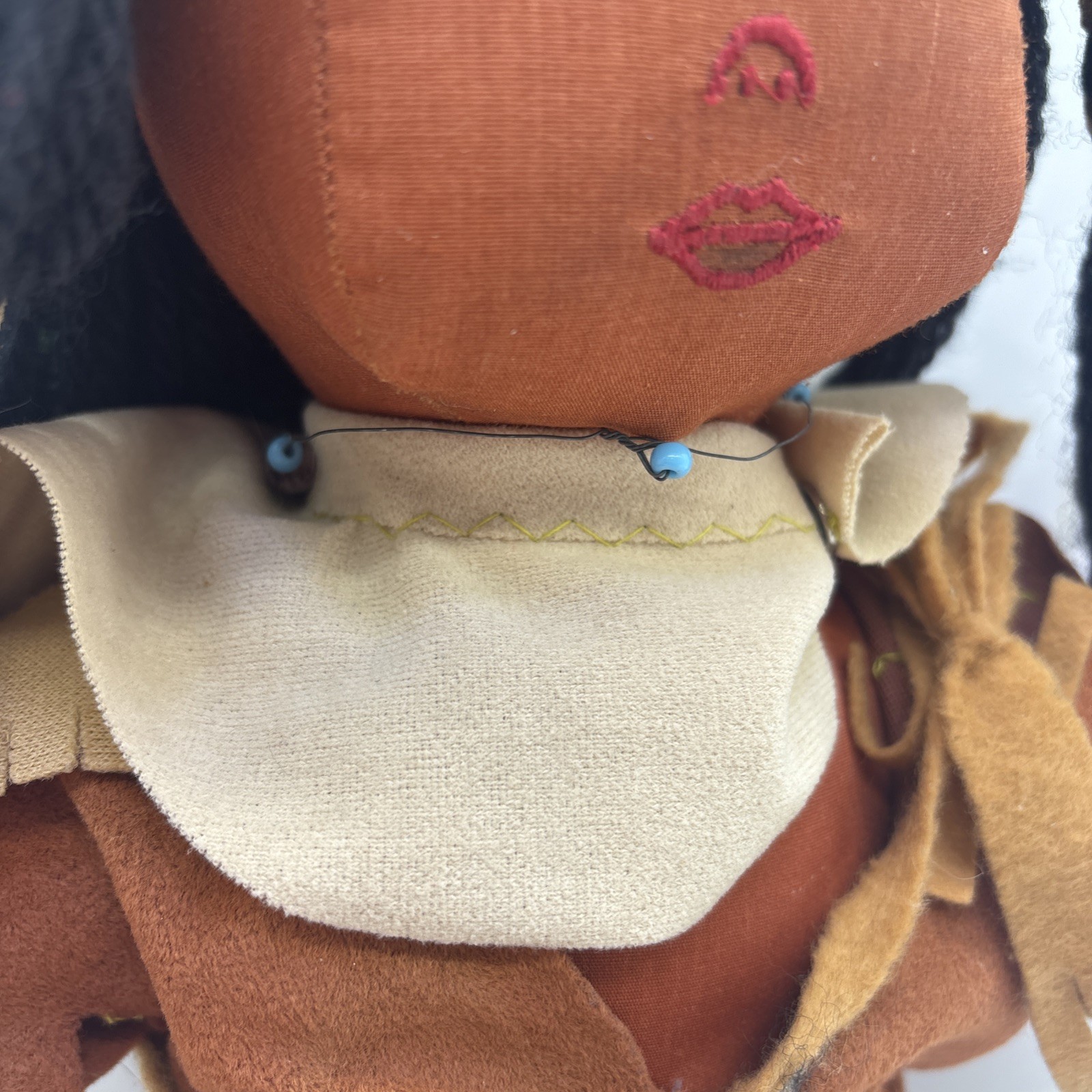 Native American Doll Yarn Hair Vintage Beads In Her Hair Female Doll {70}