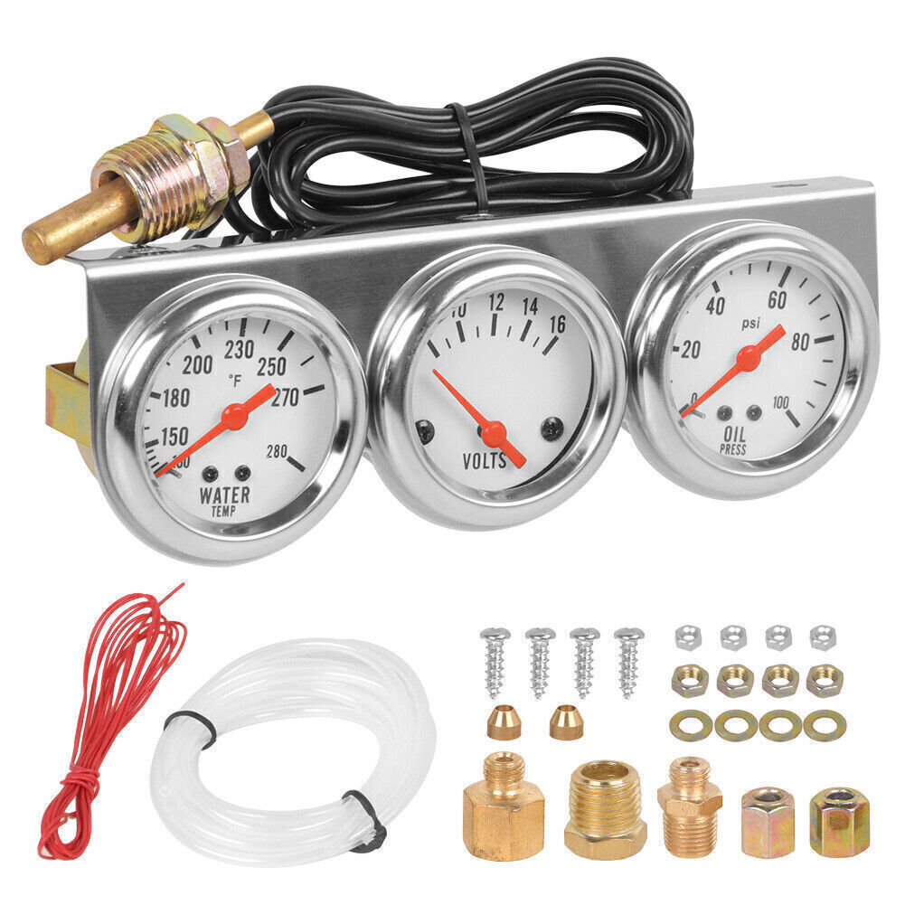 3-in-1 2" 52mm Chrome Car Triple Gauge Set Water Temp Oil Pressure Volt Meter