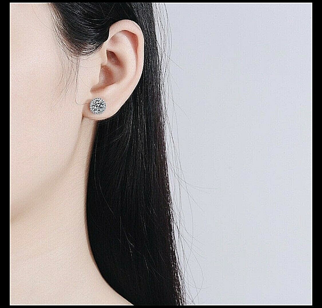 4 Ct Halo Round Cut VVS/D Lab Created Stud Earrings 14K White Gold Push Back 8mm