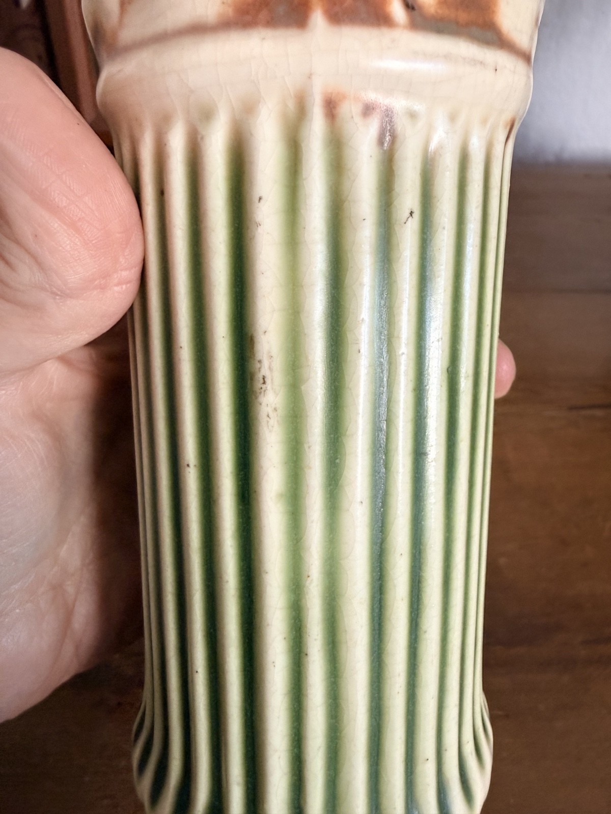 Pair Antique Roseville Donatello Cherub Bud Vases Green Art Pottery 1916