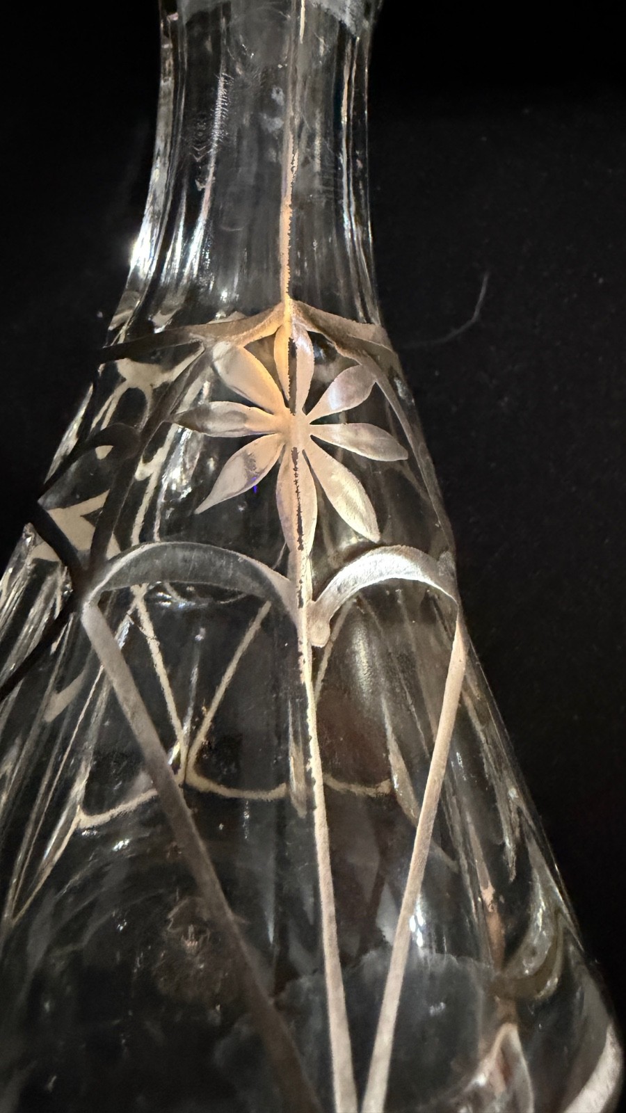 Antique Art Nouveau Sterling Overlay Glass Cruet Bottle w Stopper 6.5"