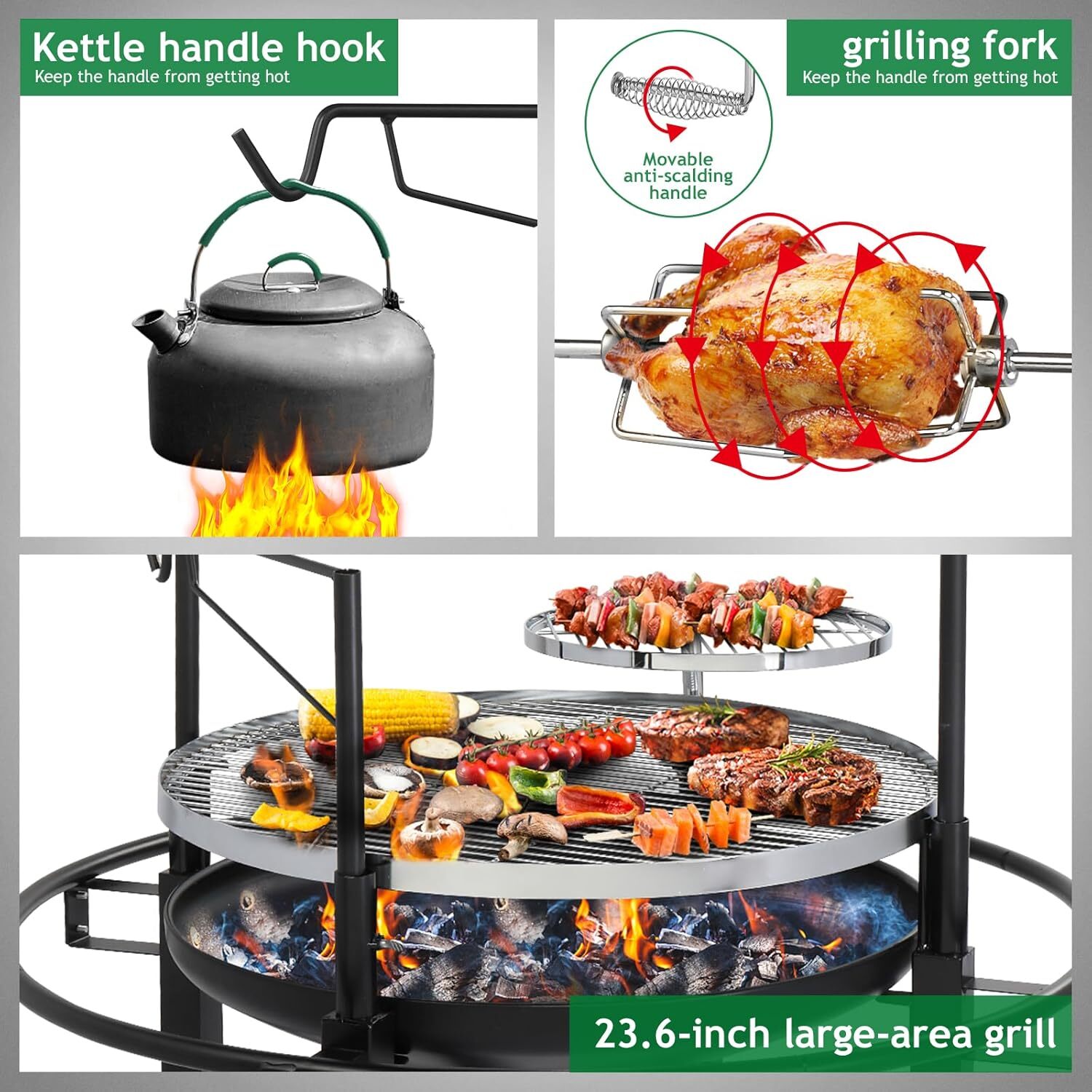 33" 2 in 1 Fire Pit w/Grills, Wood Burning Adjustable Swivel Cooking Grate BBQ