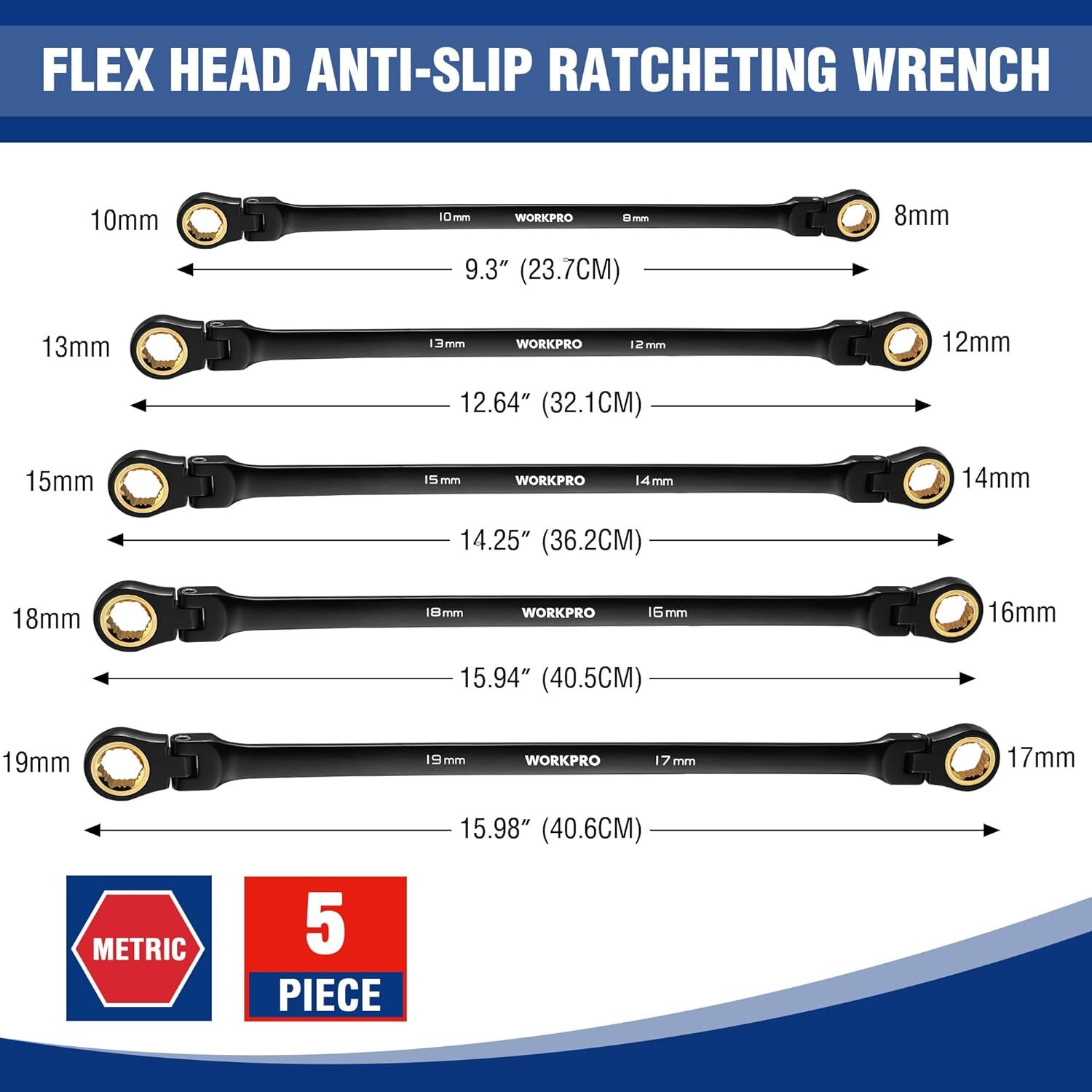 WORKPRO 5PCS Flex Head Extra Long Ratchet Wrench/10PCS Extra Long Ratchet Wrench