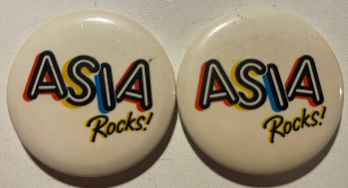 RARE VINTAGE Set of 2 x Asia Rocks Button Pin 1980s Geffen Records USED GOOD