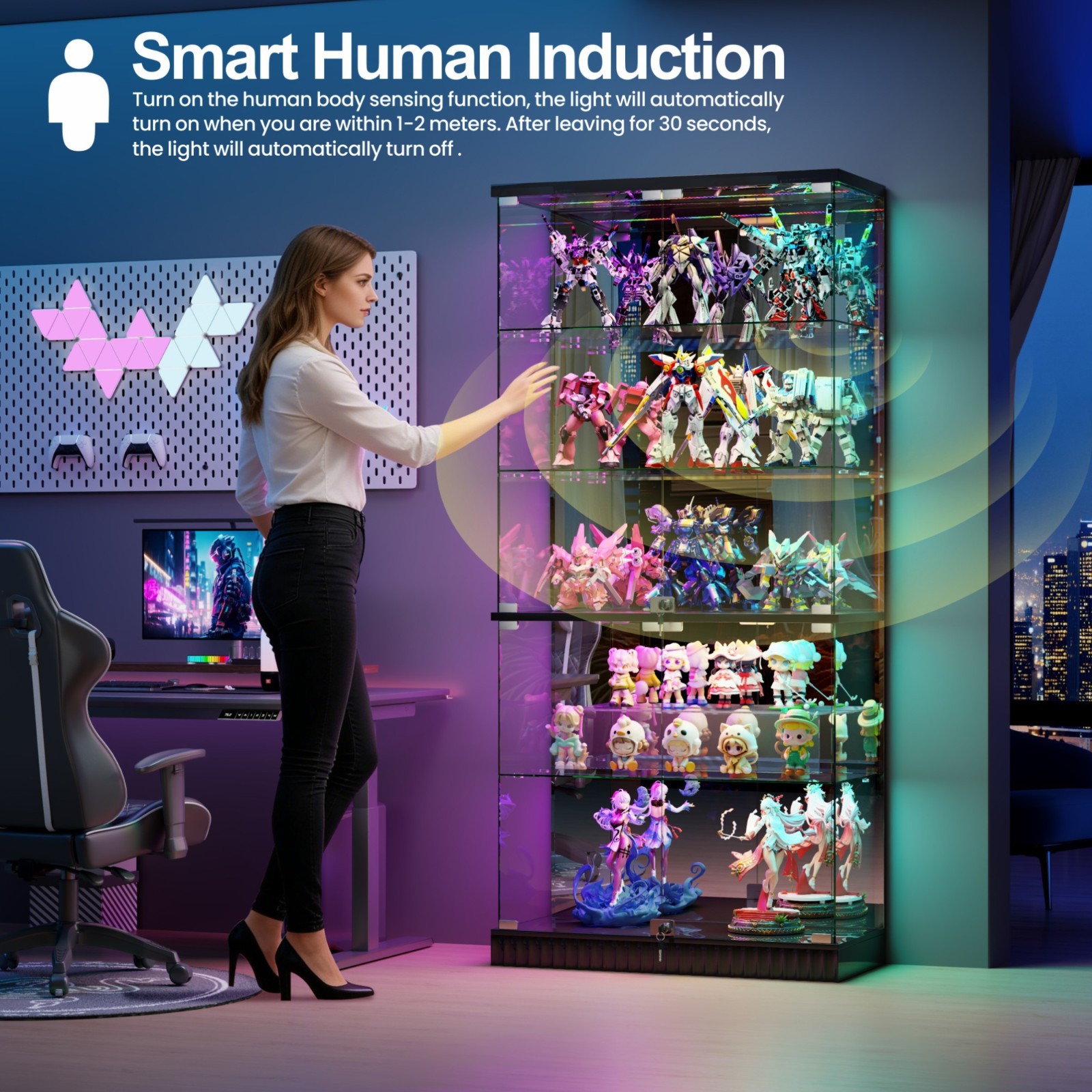 Gurexl Glass Display Cabinet - Curio Cabinets with RGB Lights for Collectibles