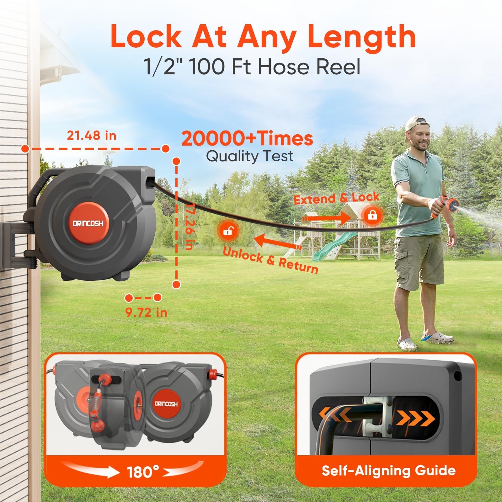 DRINCOSH Retractable Garden Hose Reel 1/2 inch x 100 ft Wall Mounted Garden Hose