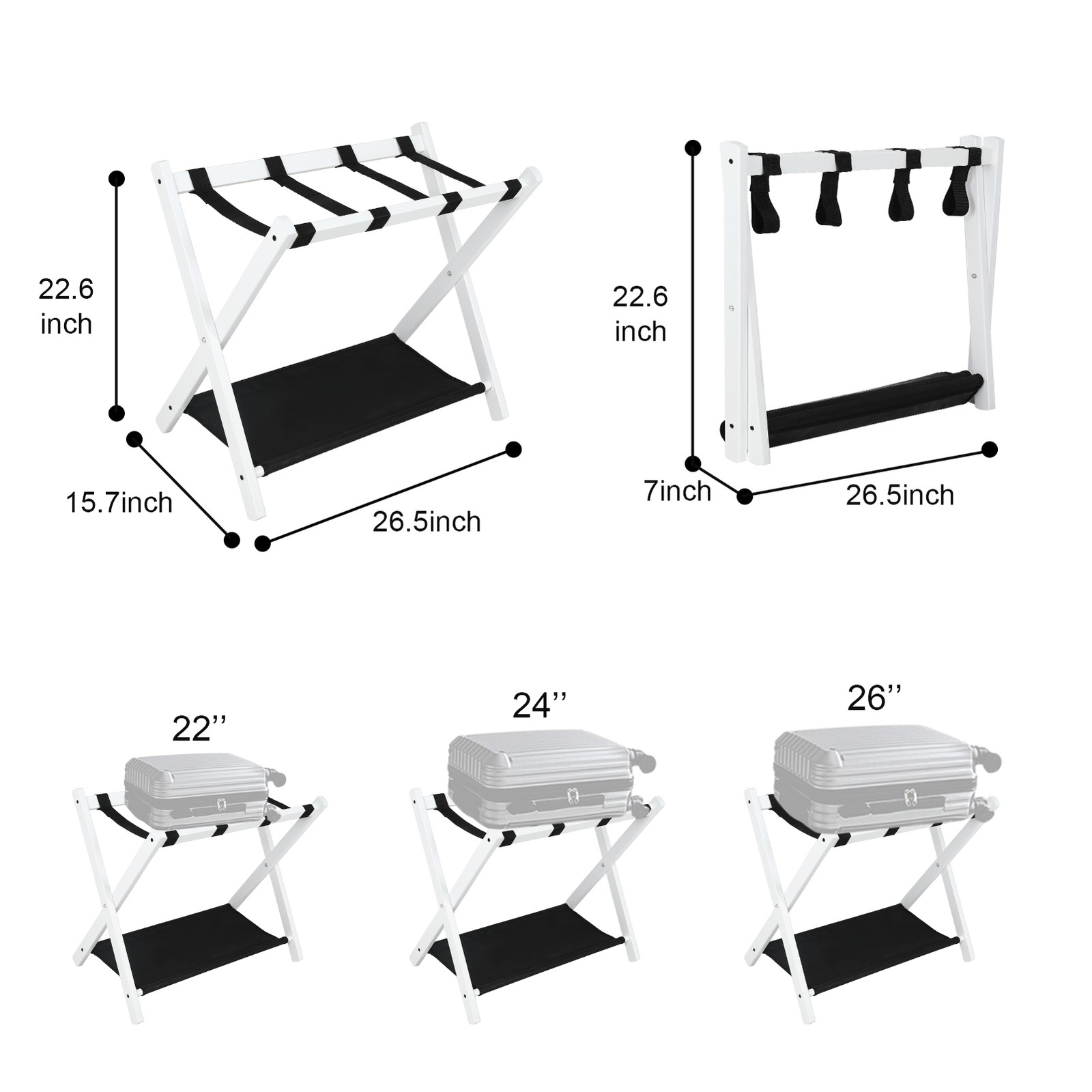 Set of 2 Folding Luggage Rack Soild Wood Stand Suitcase Holder w/ Shelf White