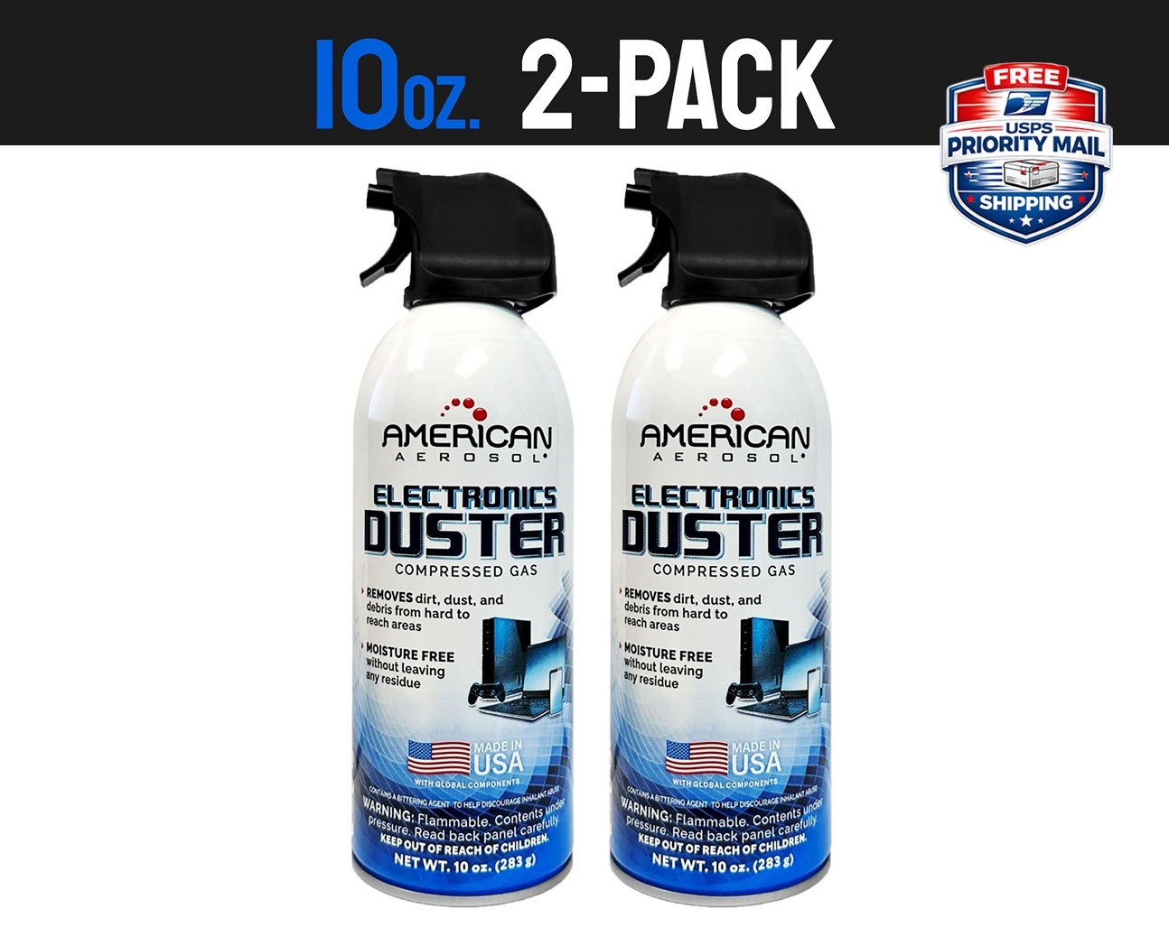2 Pack American Aerosol Compressed Gas Electronics Duster, 10 oz Cans