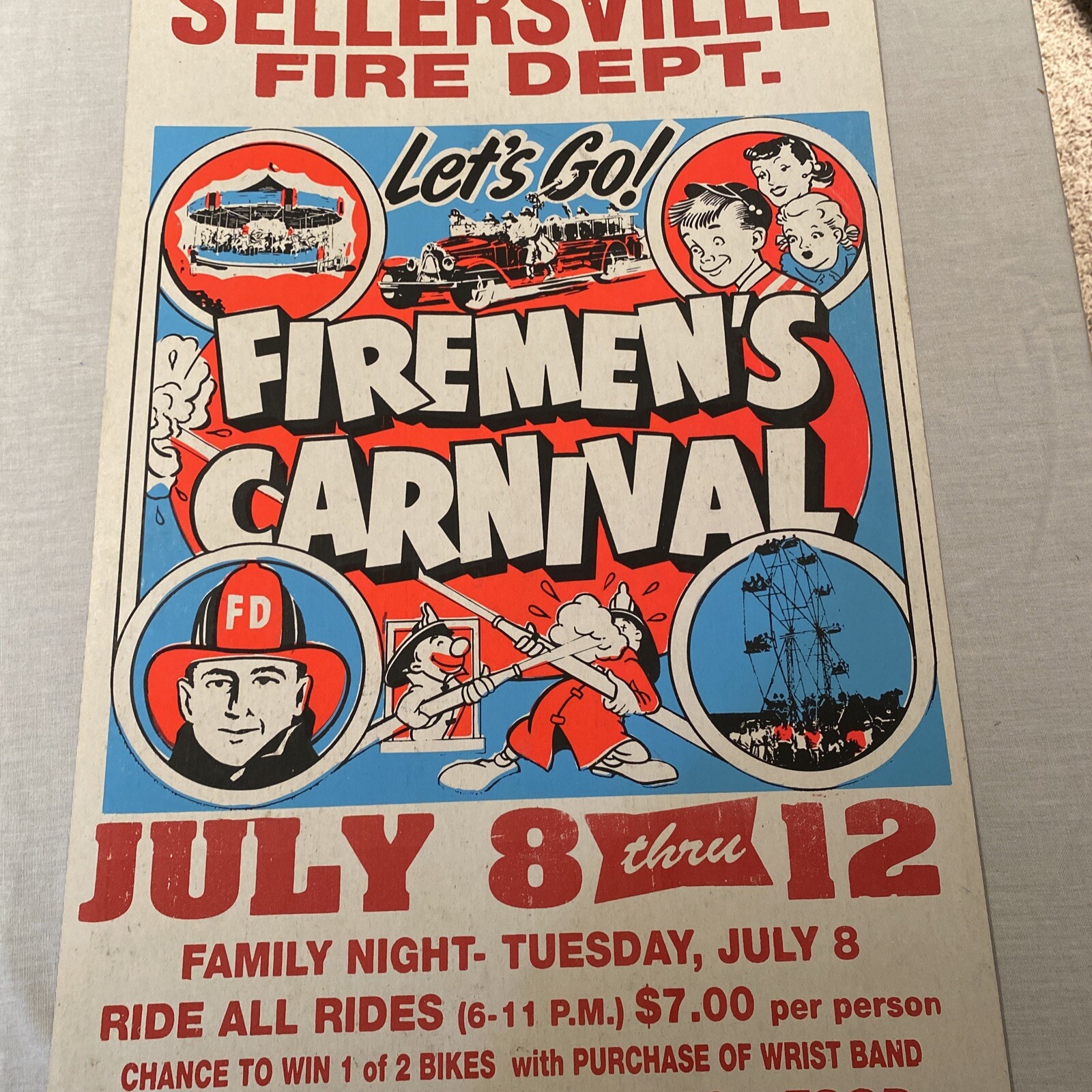 Vintage Sellersville Maryland Fire Dept 1990's Firemens Carnival Poster Globe Co