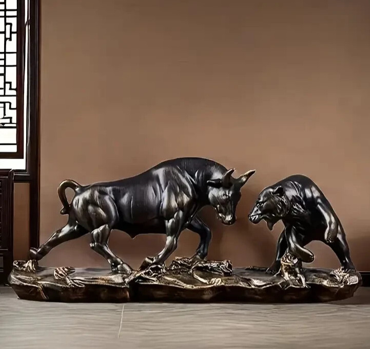 NEW Dark Bronze Style Bull & Bear Fight. Resin Figurine Sculpture 5hx11wx3d