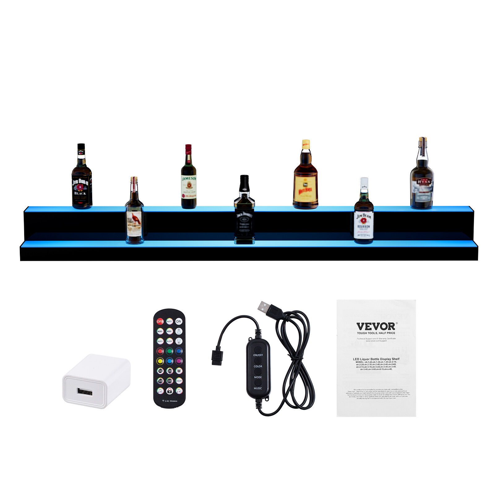 VEVOR60" 2-Step LED Lighted Liquor Bottle Display Bar Shelf RF & App Control