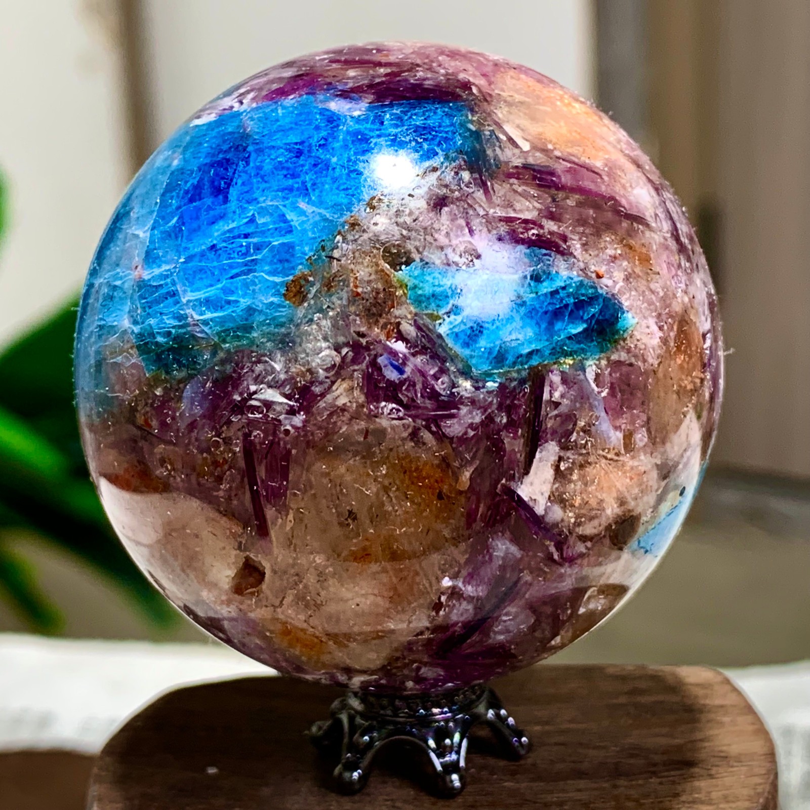 177G Natural Blue Aptite +Sun Stone purple lepidolite Sphere mineral sample